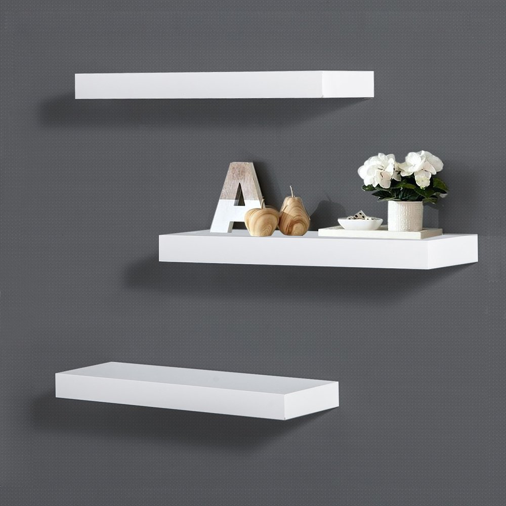 AHDECOR White Floating Shelves Set of 3 - Modern Wall Mounted Shelves for Home & Office Decor - Perfect for Bedroom, Kitchen, Living Room - Display Books, Photos & Decorative Items