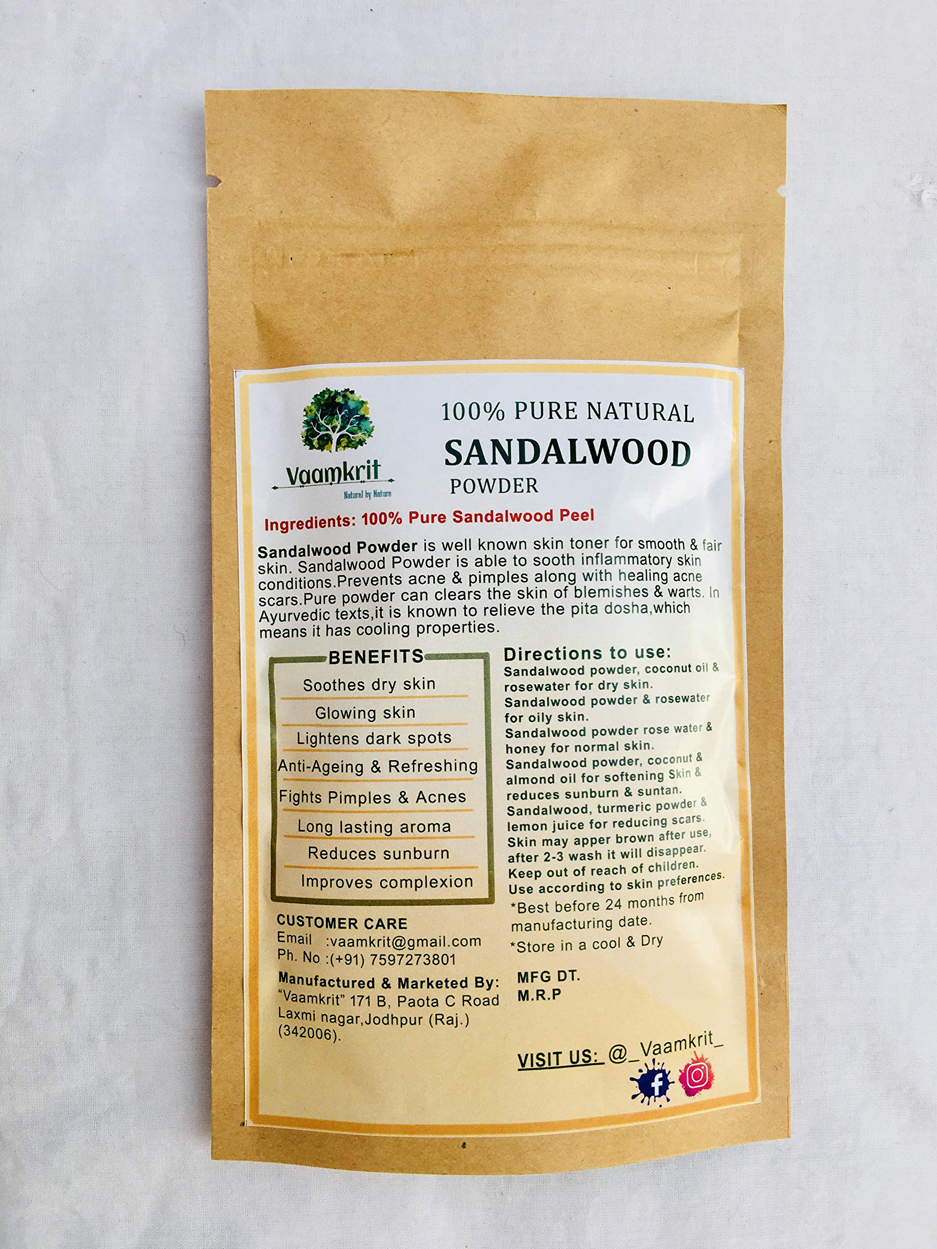 Vaamkrit 100% Organic Pure Natural Sandalwood Powder for Skincare, Aromatherapy & Spiritual Rituals - Premium Ayurvedic Beauty & Wellness Product