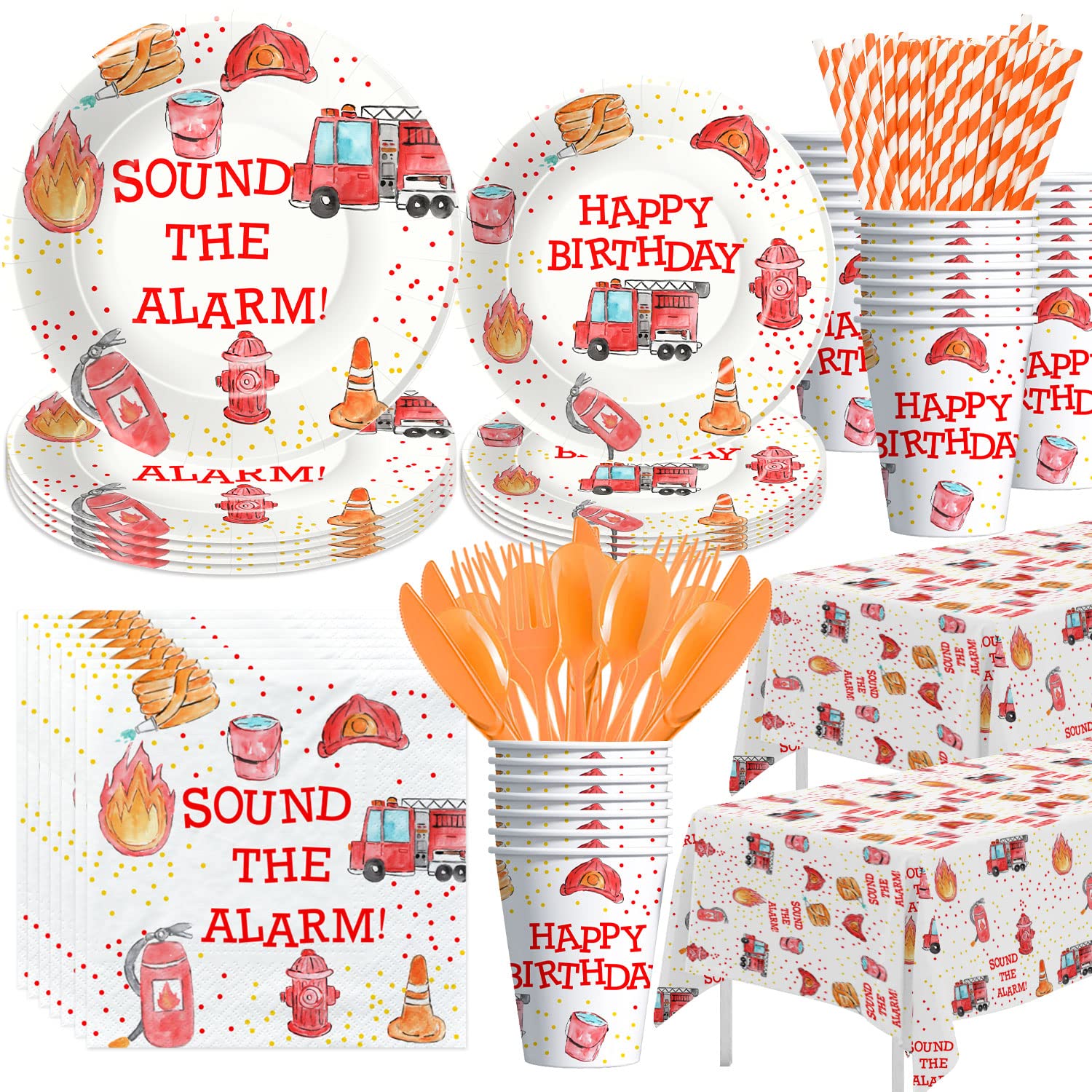 Fire Truck Birthday Party Supplies Set - 24-Piece Firefighter Themed Tableware Kit with Plates, Cups, Napkins, Tablecloth, Cutlery & Straws | Perfect for Fireman Themed Birthday Parties, Kids Celebrations & Emergency Service Appreciation Events