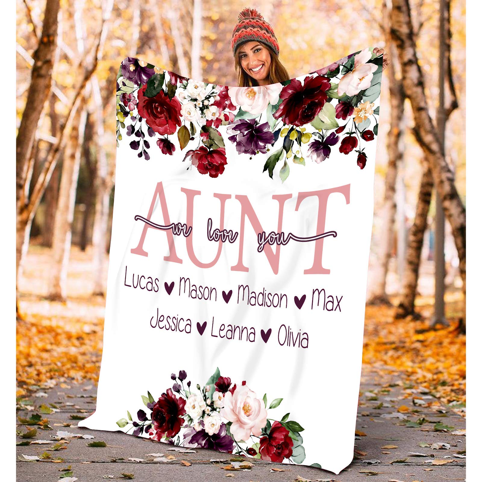 Custom Aunt Blanket - Personalized 'We Love You' Gift for Aunt's Birthday | Best Present from Niece/Nephew | Soft Red Navy Floral Throw Blanket | Perfect for Cozy Nights, Family Gatherings & Special Occasions