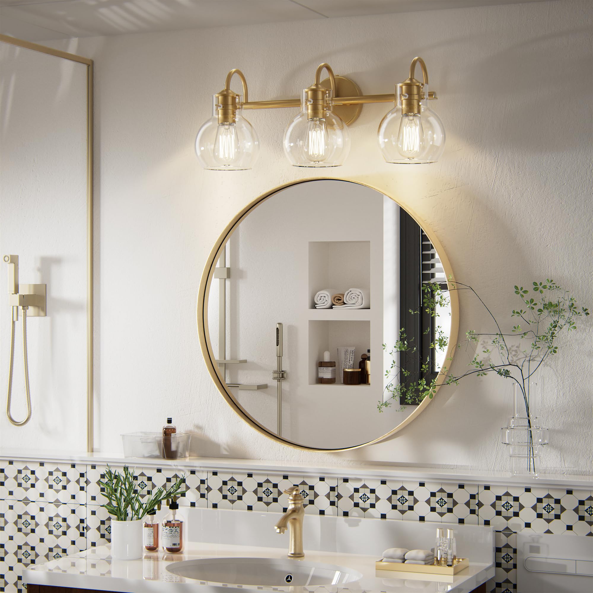 Modern Gold Vanity Light Fixture - 3 Light Bathroom Sconce with Clear Globe Glass Shade for Mirror Lighting, E26 Base - Perfect for Bathroom, Hallway & Dressing Room Makeup Vanity