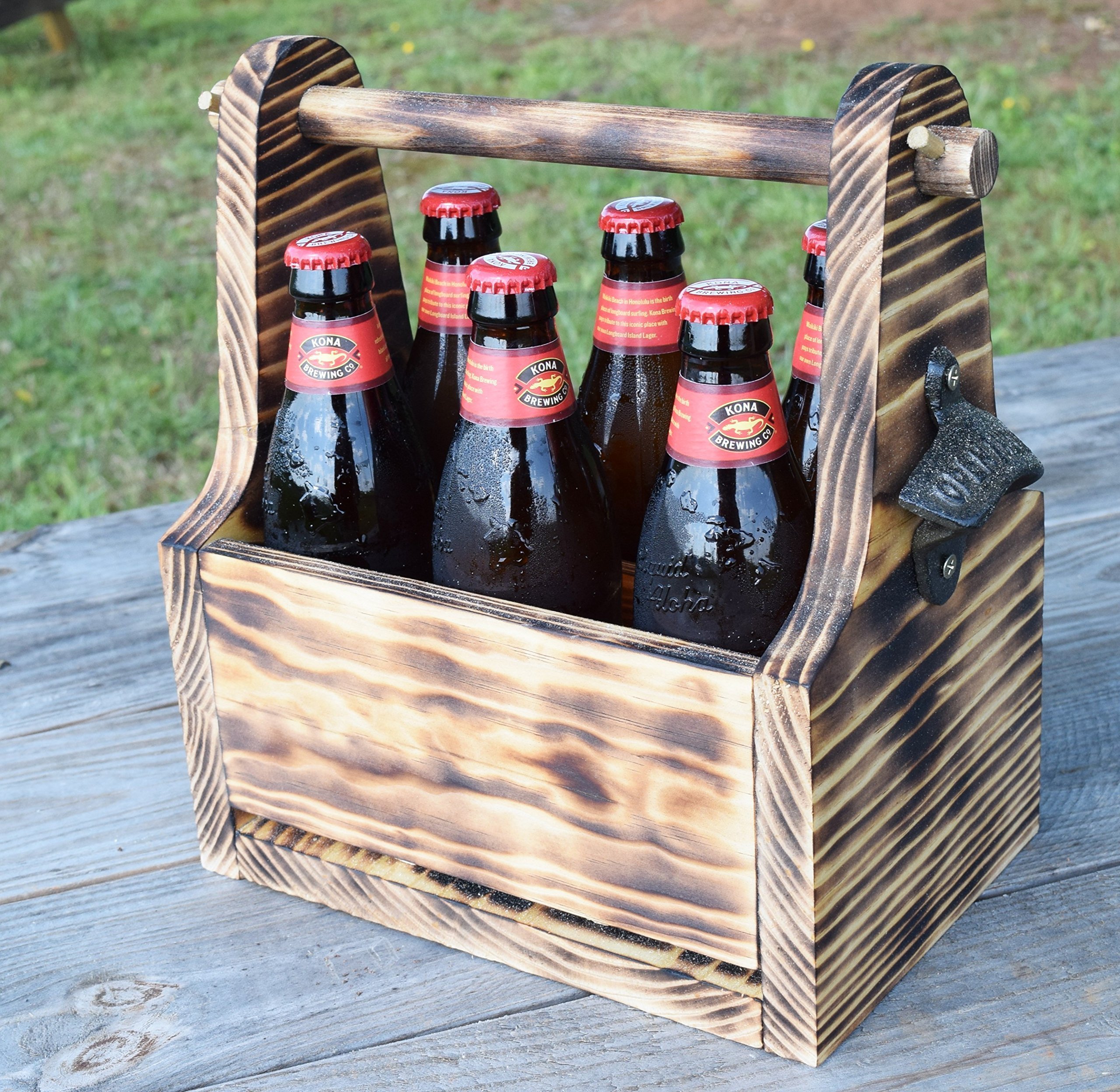 Rustic Wooden Beer Tote - Handcrafted 6-Bottle Beer Carrier with Handle - Perfect for Picnics, Camping & Outdoor Parties