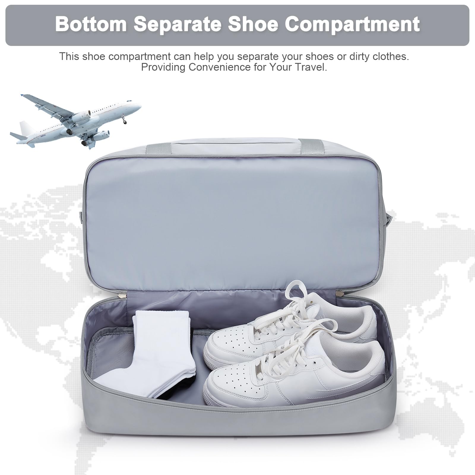 HYC00 Women's Travel Weekender Bag with Shoe Compartment & Wet Pocket - Perfect for Gym, Overnight Trips & Hospital Use - Light Grey Carry-On Luggage