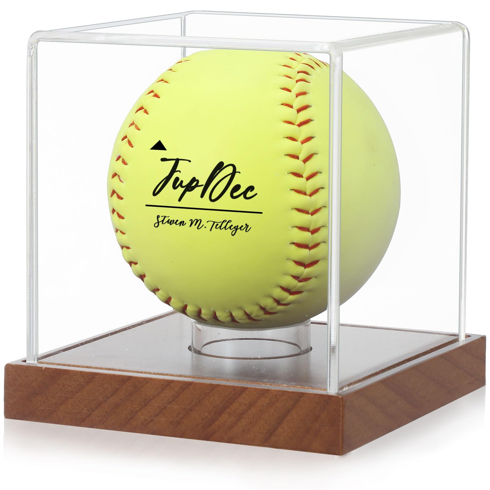 JupDec Clear Acrylic Softball Display Case with Wood Base - UV Protected Championship Ball Holder for Sports Memorabilia Collections - Perfect for Trophy Rooms, Man Caves, and Baseball Fan Gifts