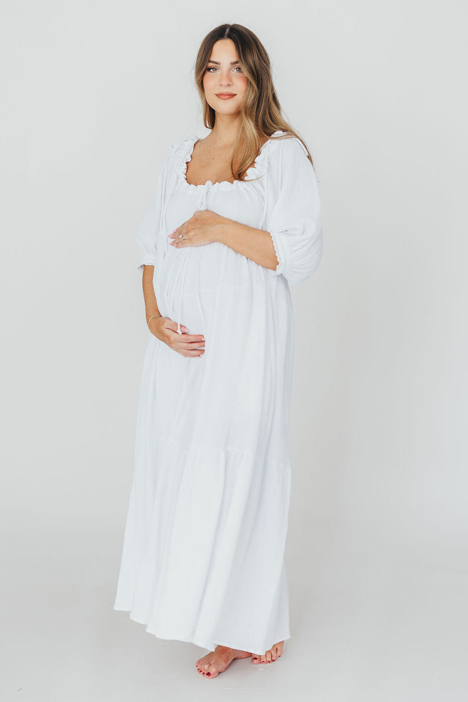Goddess 100% Cotton Babydoll Maxi Dress - White Maternity Dress for Pregnancy, Bump Friendly, Comfortable & Flowy - Perfect for Maternity Photoshoot, Baby Shower & Summer Vacation