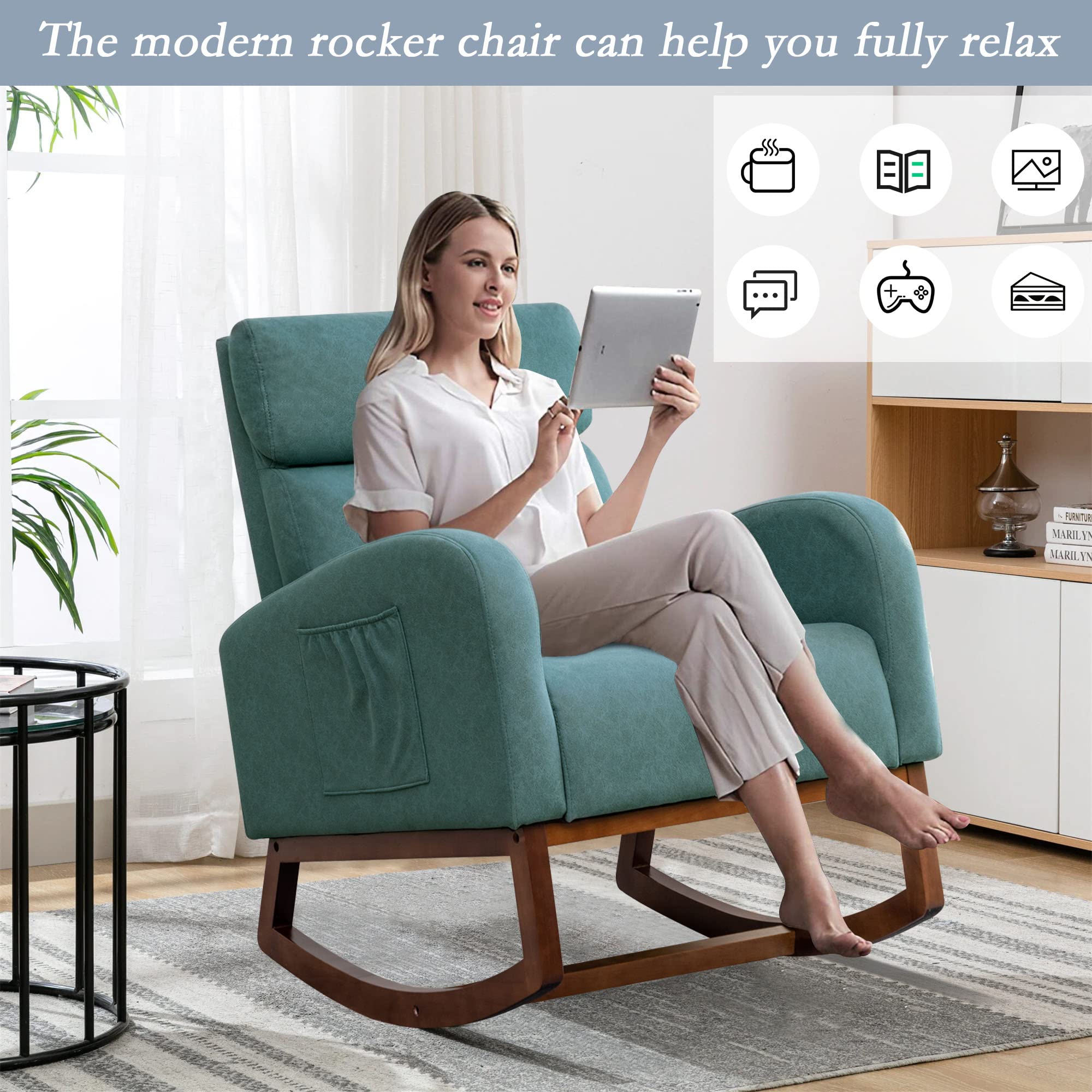 Andeworld Rocking Chair - Upholstered High-Back Glider Armchair with Faux Suede Fabric, Comfortable Accent Chair for Living Room, Bedroom, Nursery (Teal) | Perfect for Relaxing, Reading & Nursing