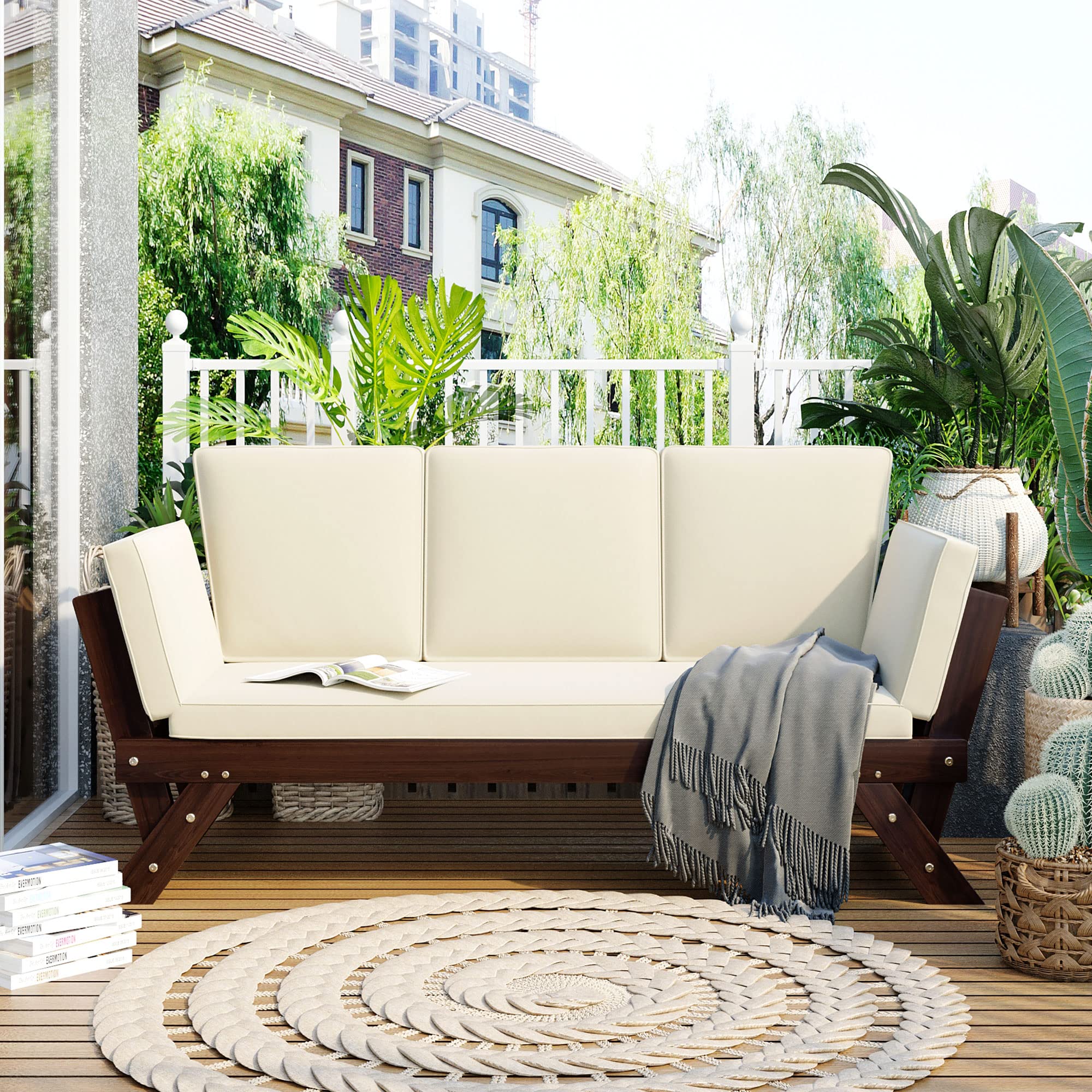 Harper & Bright Designs Adjustable Wooden Daybed Sofa Chaise Lounge - Expandable Patio Sectional Sofa with Beige Cushions for Outdoor Living, Decks, Poolsides, Balconies | Perfect for Relaxing, Sunbathing & Entertaining Guests