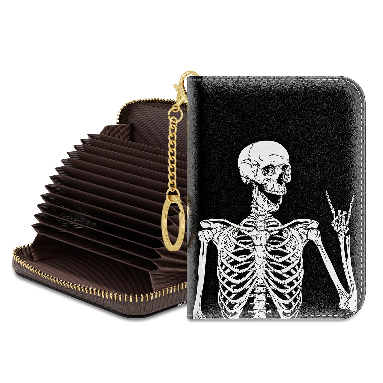 Slim RFID Blocking Credit Card Holder for Women - Small Zipper Wallet with Keychain - Gothic Skeleton Design - Perfect for Travel, Shopping & Everyday Use