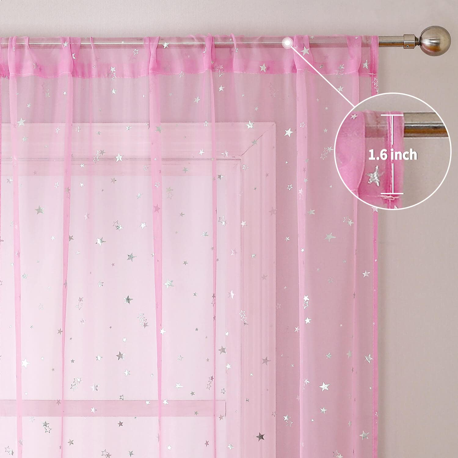 Pink Semi Sheer Curtains for Girls Room - 63 Inch Long Voile Window Drapes with Silver Star Moon Pattern, 2 Pack Nursery Bedroom Decor for Kids Baby Bed Canopy | Perfect for Nursery, Bedroom, Playroom & Sleepover Decorations