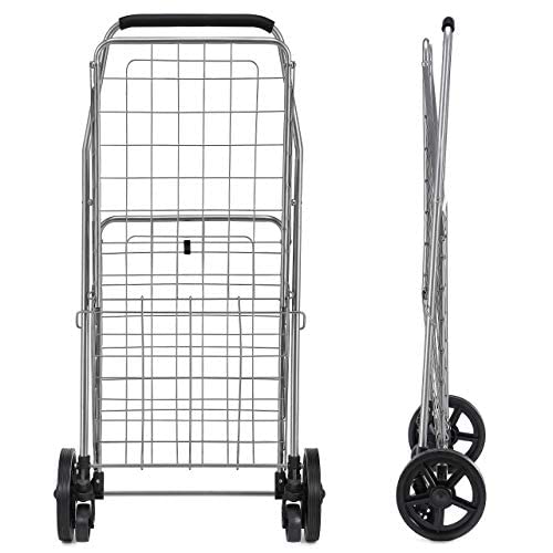 Wellmax WM99024S Heavy Duty Collapsible Grocery Shopping Cart with Swivel Wheels - Portable & Space Saving Lightweight Utility Trolley for Groceries, Laundry, and Outdoor Market Trips