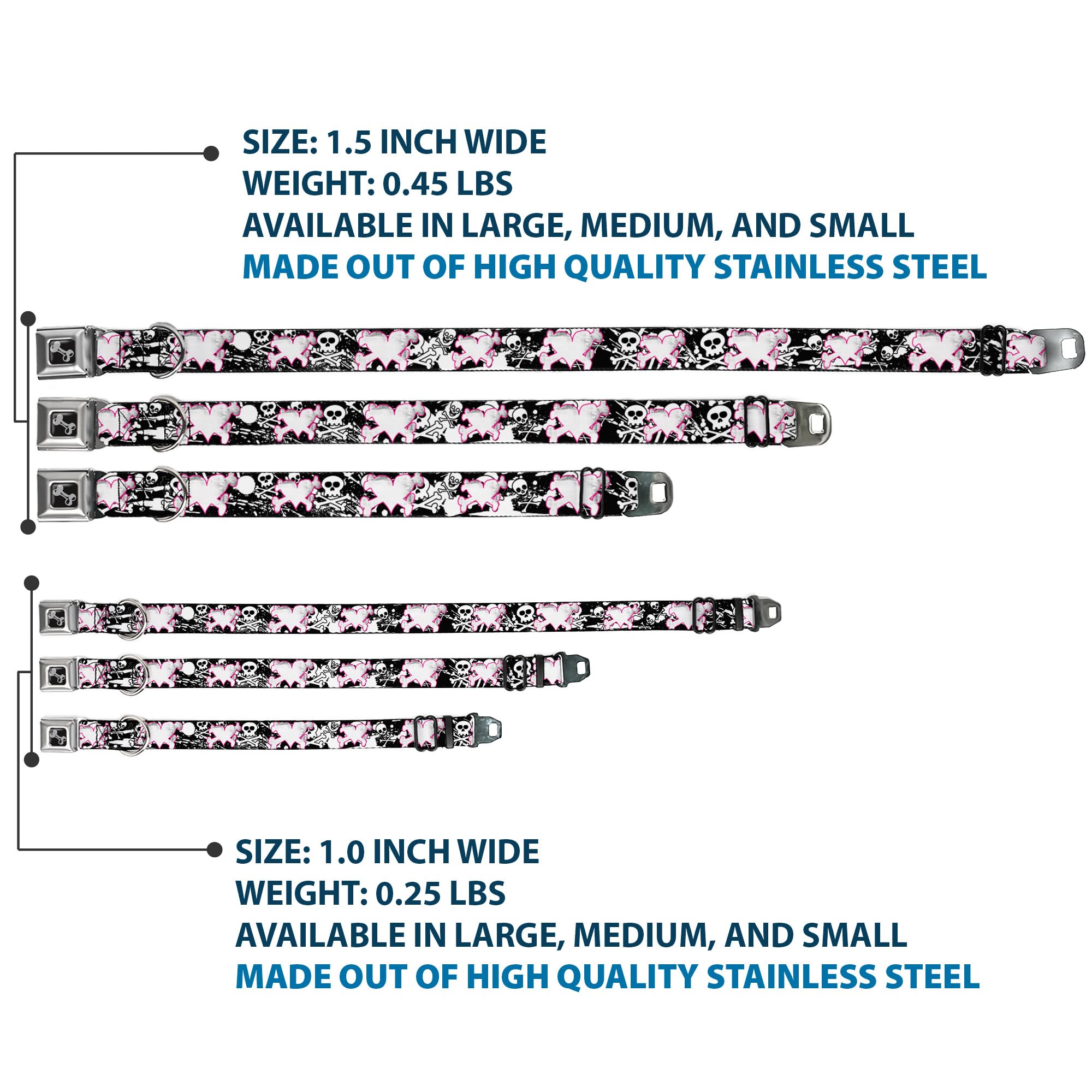 Buckle-Down Seatbelt Buckle Dog Collar - Heart & Cross Bones with Skulls & Splatter Black/White - 1.5