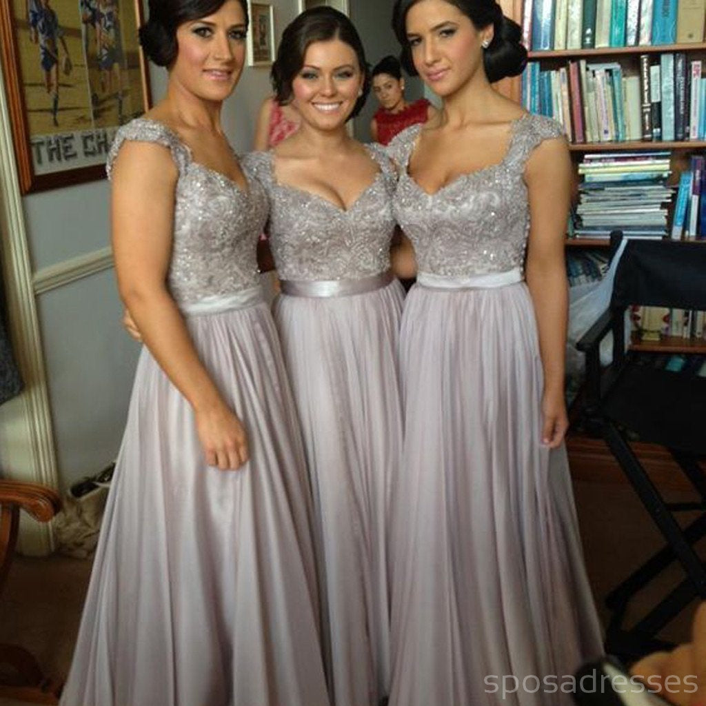 Elegant Long Grey Lace A-Line Floor-Length Formal Bridesmaid Dresses WG02 - Perfect for Weddings, Proms & Special Occasions