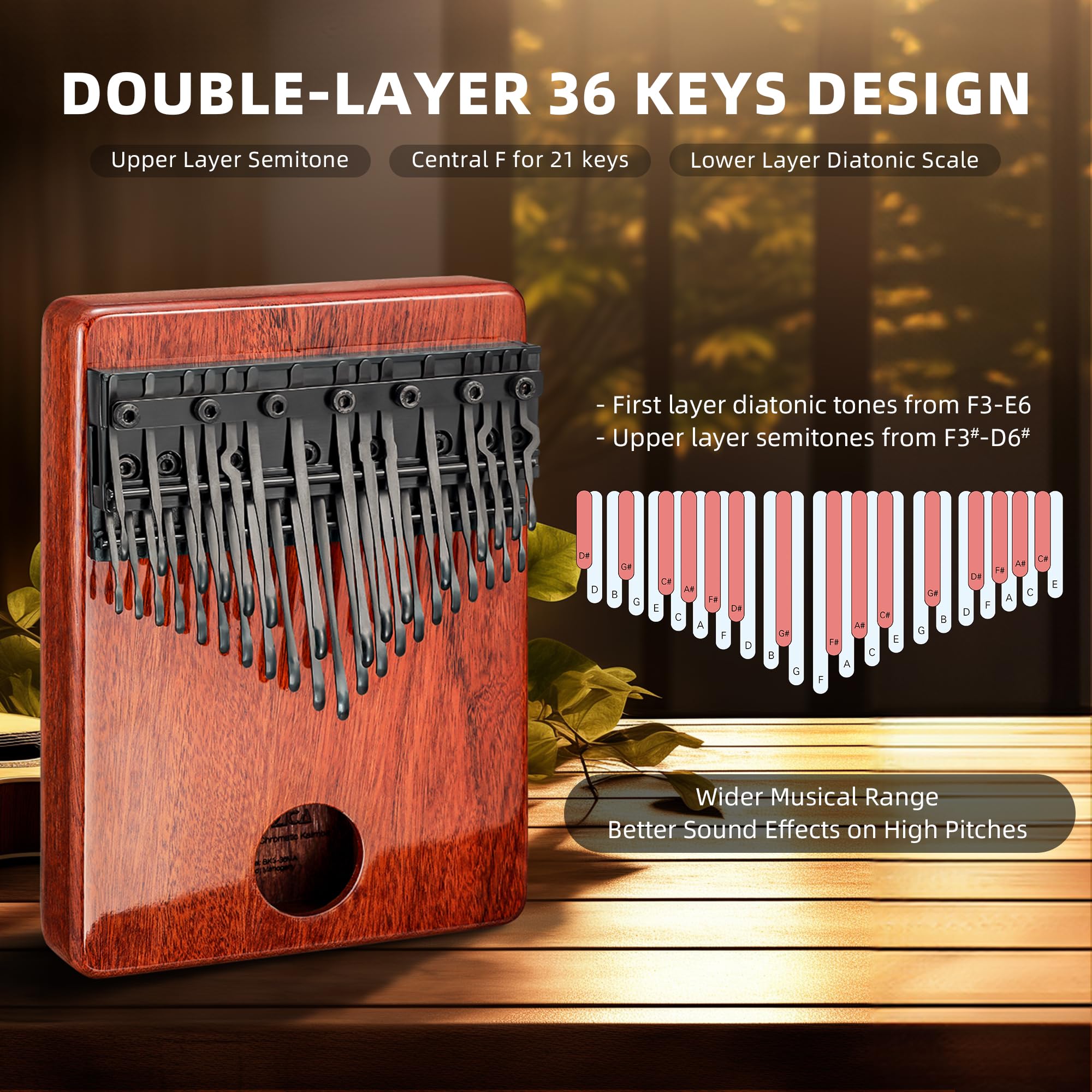 MOOZICA 36 Key Chromatic Kalimba Thumb Piano - Professional Double Layer Symmetrical Layout with 36 Tines, Premium Mahogany Wood Musical Instrument - Perfect for Music Lovers, Beginners & Gift Giving (BKS36-N) | Home Practice, Meditation, Music Therapy & Performance