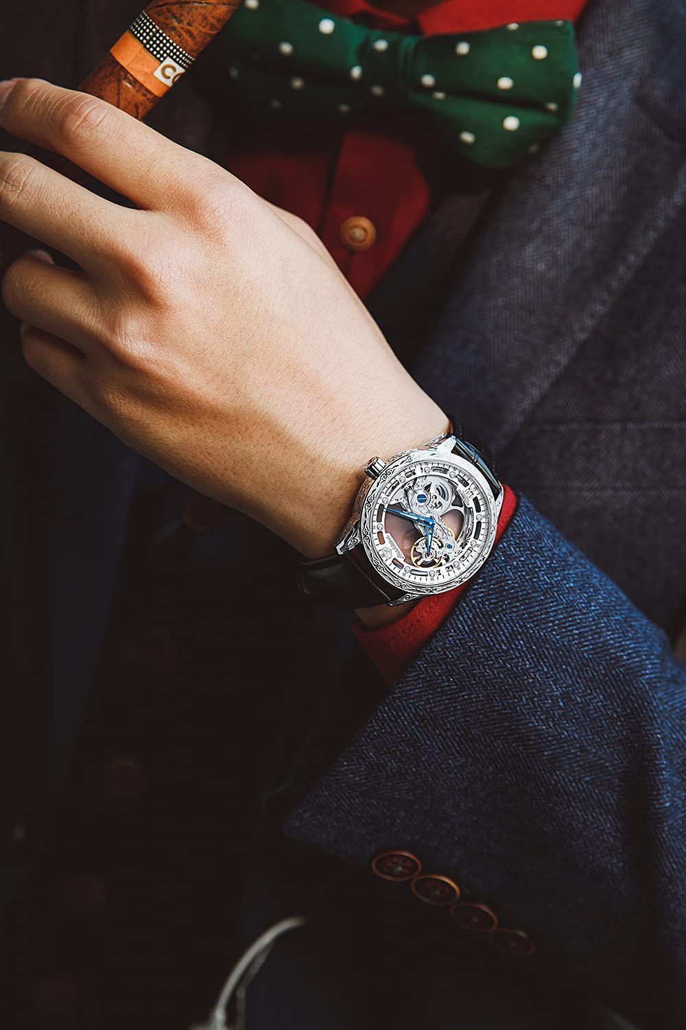 OLEVS Men's Skeleton Automatic Mechanical Watch - Self Winding, Waterproof, Luminous, Luxury Leather Strap Dress Watch for Business & Formal Occasions