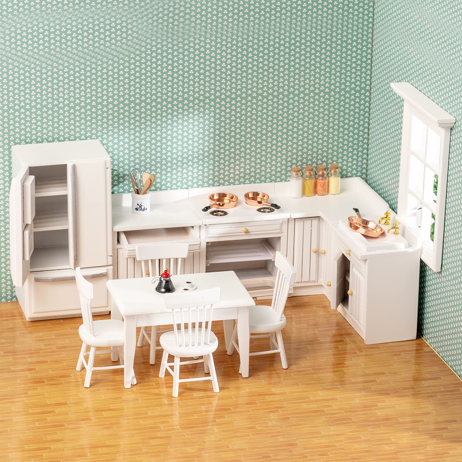1:12 Scale SAMCAMI White Wooden Dollhouse Furniture Set - Miniature Kitchen Cabinets, Dining Table, Refrigerator & Accessories for Doll House Toys | Perfect for Dollhouse Decor, Collectors & Kids Role Play
