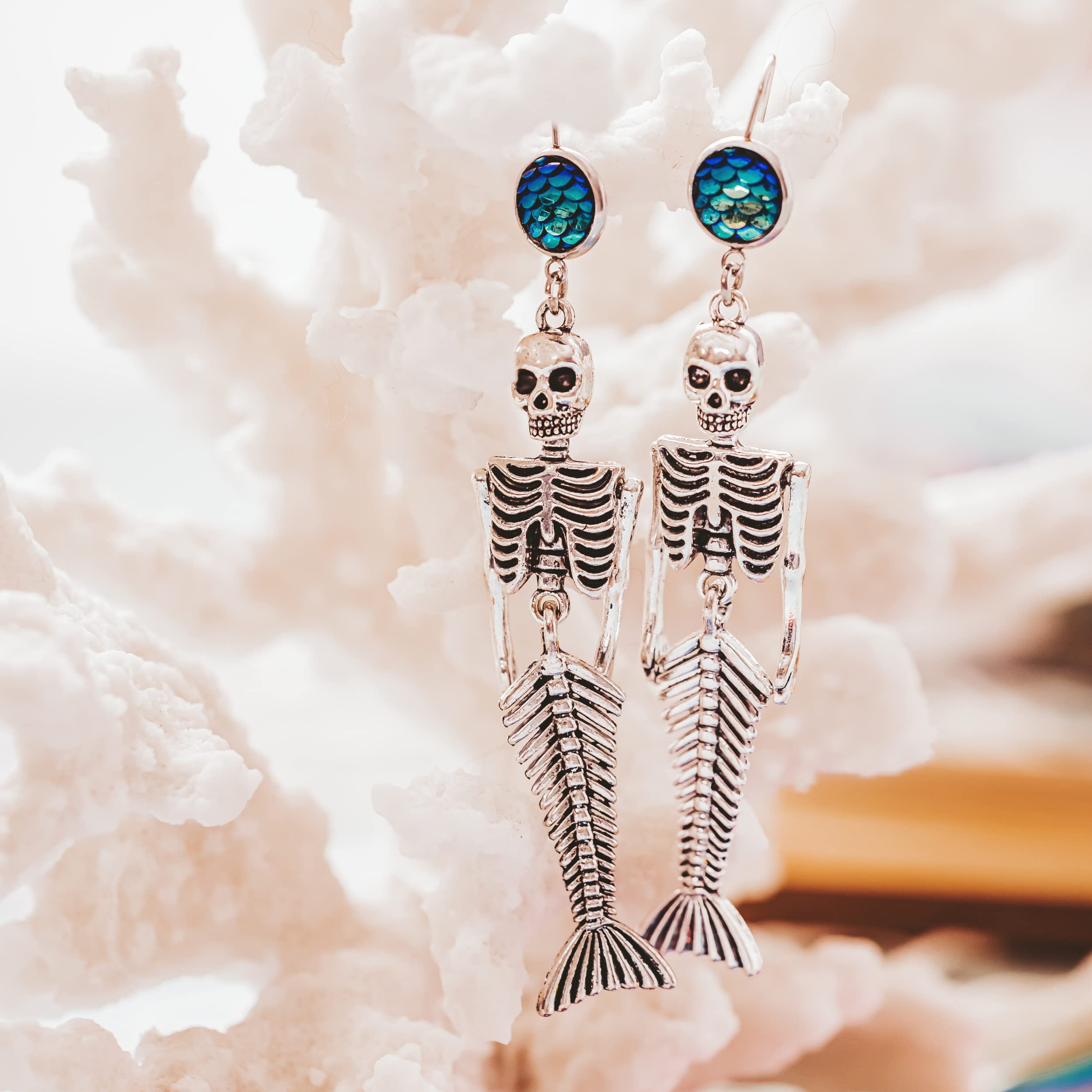 Mermaid Skeleton Dangle Earrings with Scales - Unique Summer & Halloween Jewelry for Women - Perfect for Costume Parties, Beach Vacations, and Gothic Fashion