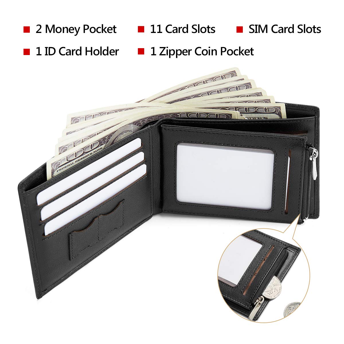 LAORENTOU Genuine Leather Wallets for Men - Slim RFID Blocking Bifold Wallet with Zipper Pocket & Credit Card Slots | Premium Mens Clutch Wallet & Card Holder | Perfect Gift for Dad, Husband, Boyfriend (Office, Travel, Everyday Use)