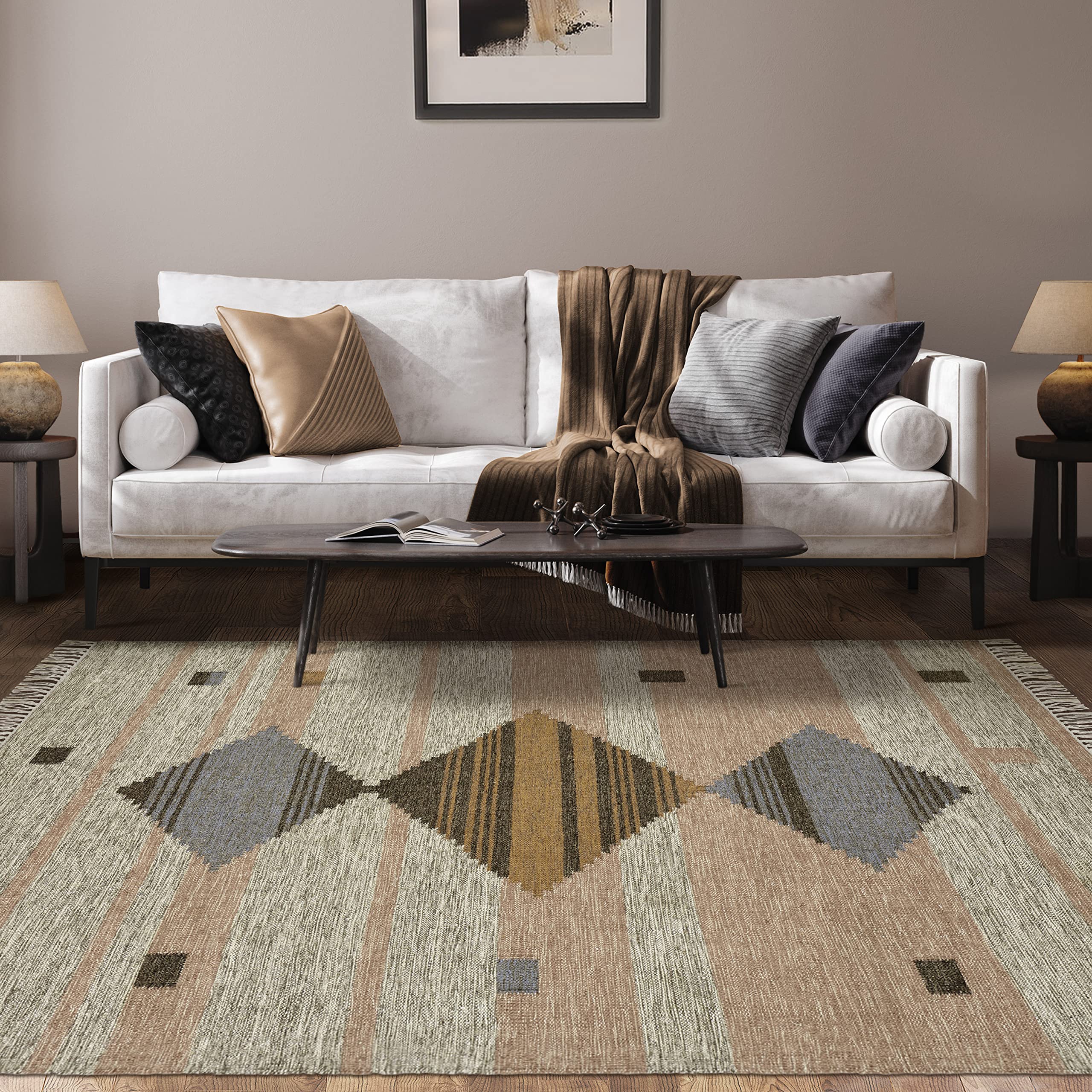 BNM Hand-Tufted Wool & Cotton Area Rug 5'x8' - Vanilla Cream Bohemian Style Rug for Living Room, Bedroom, Dining Room & Office - Soft Farmhouse Decor for Nursery & Modern Homes - Sayah Collection