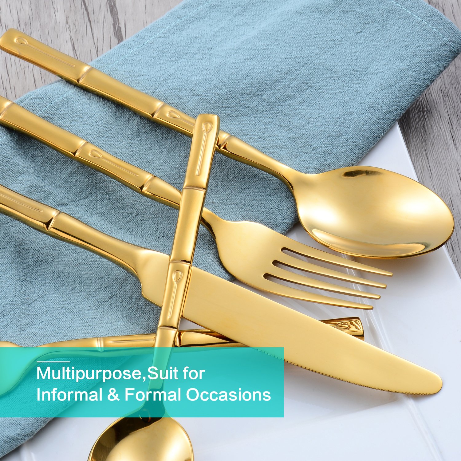 Premium 40-Piece Gold & Silver Flatware Set - Stainless Steel with Bamboo Handle - Mirror Polished Cutlery for 8 - Perfect for Home, Kitchen, Restaurant, Hotel, Wedding & Housewarming Gifts - Elegant Table Setting for Dinner Parties & Special Occasions