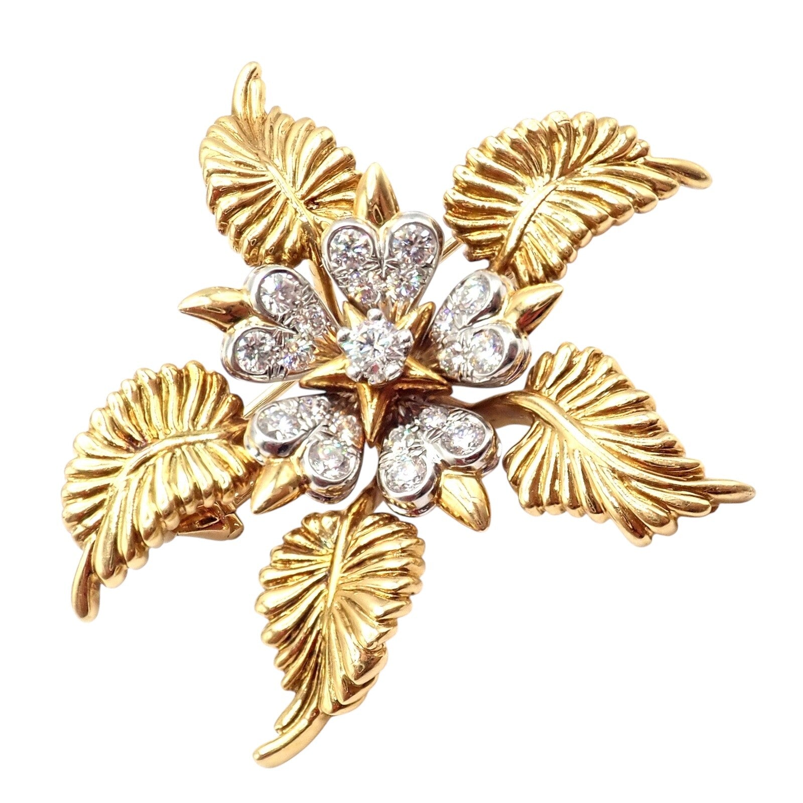 Tiffany & Co Schlumberger 18k Yellow Gold Platinum Diamond 5 Leaf Pin Brooch - Elegant Jewelry for Women, Luxury Gift for Anniversary & Special Occasions