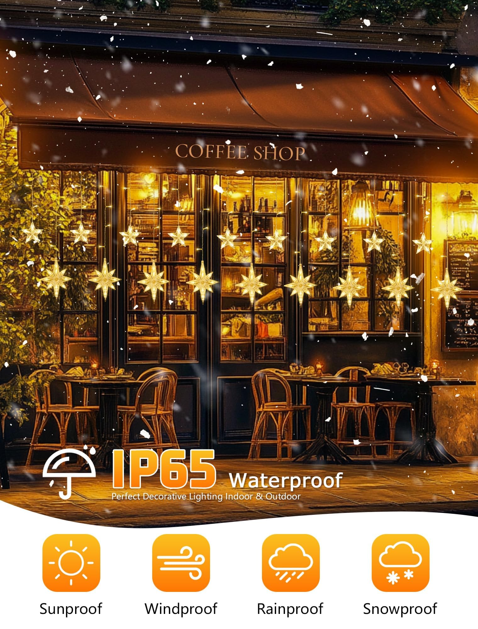 126 LED Star Icicle Christmas Lights - 7.8ft Connectable Window Curtain Lights with 8 Lighting Modes & Timer, Warm White Plug-in String Lights for Indoor Outdoor Decor - Perfect for Bedroom, Wedding, Ramadan, Christmas Tree, Garden, and Holiday Party Decoration
