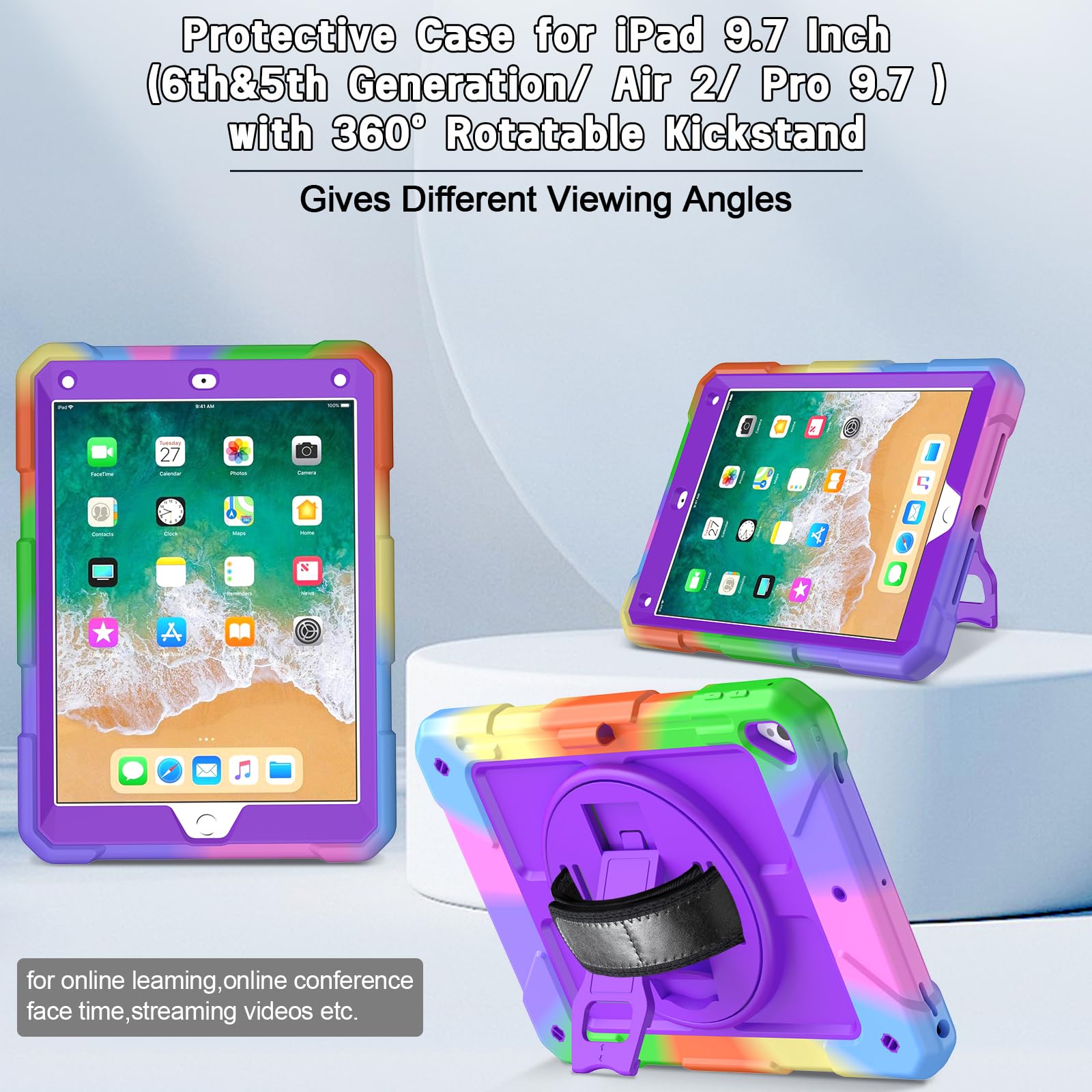 LTROP Shockproof iPad Case for 6th/5th Gen & iPad Air 2 (9.7 inch) - Kids Protective Cover with 360° Rotating Stand, Pencil Holder & Hand Strap (Purple) | Perfect for School, Travel & Home Use
