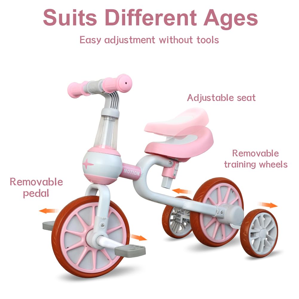 **XiaPia 3-in-1 Toddler Bike for 2-4 Year Olds - Adjustable Seat, Detachable Pedals & Training Wheels - Kids Balance Bike & Tricycle - Perfect for Indoor & Outdoor Play - Ideal Christmas & Birthday Gift (Pink)**