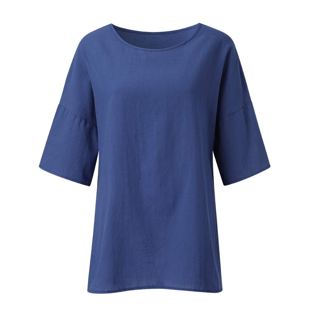 Women's Casual Cotton Linen Shirts - 3/4 Sleeve Crew Neck Loose Fit Tunic Tops with Side Split | Summer Boho Blouse for Women | Perfect for Beach, Office & Everyday Wear