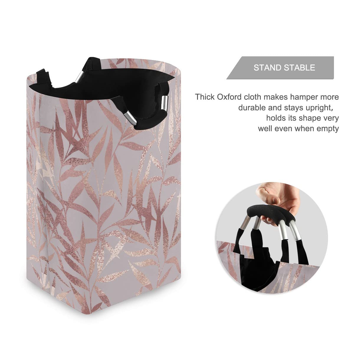 Rose Gold Leaves Foldable Laundry Bag with Handles - Collapsible Laundry Hamper Basket for Bathroom & Laundry Room Organization, Storage & Decor - Perfect for Dorm, Travel & Home Use