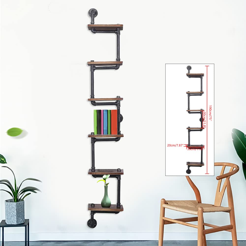 Industrial Wall-Mounted Shelf - Retro Solid Wood Bookshelf with 6 Layers - Space Saving Storage Solution for Home, Office & Bathroom Organization - Perfect for Displaying Books, Decor & Bath Essentials
