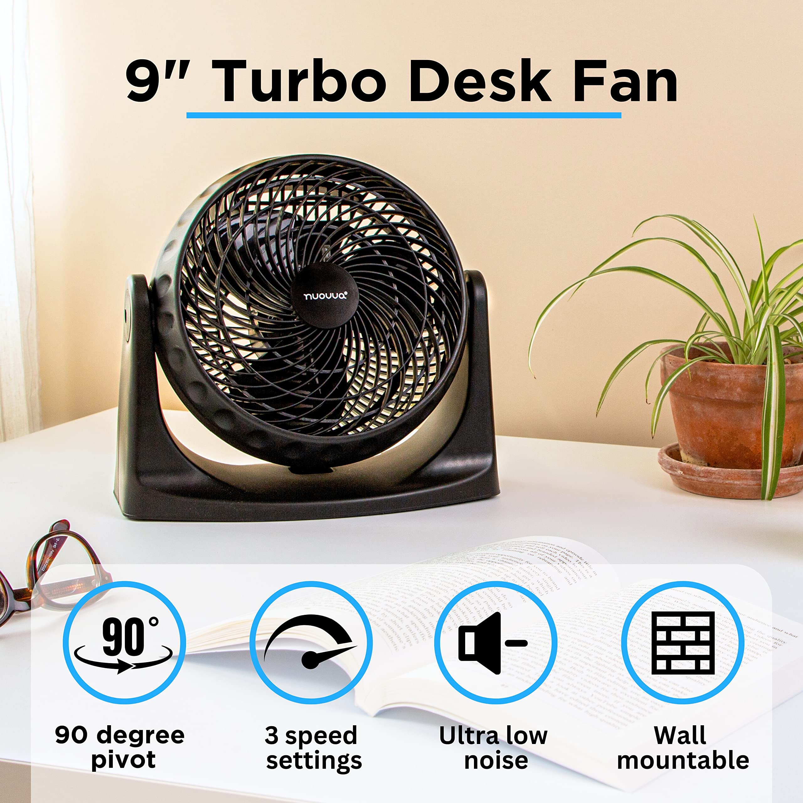 Nuovva Electric Turbo Desk Fan - Powerful Standing & Wall Mount Cooling Fan with 90° Oscillation - Ultra Quiet 3-Speed Adjustable Fan for Office, Bedroom & Home Use - Black