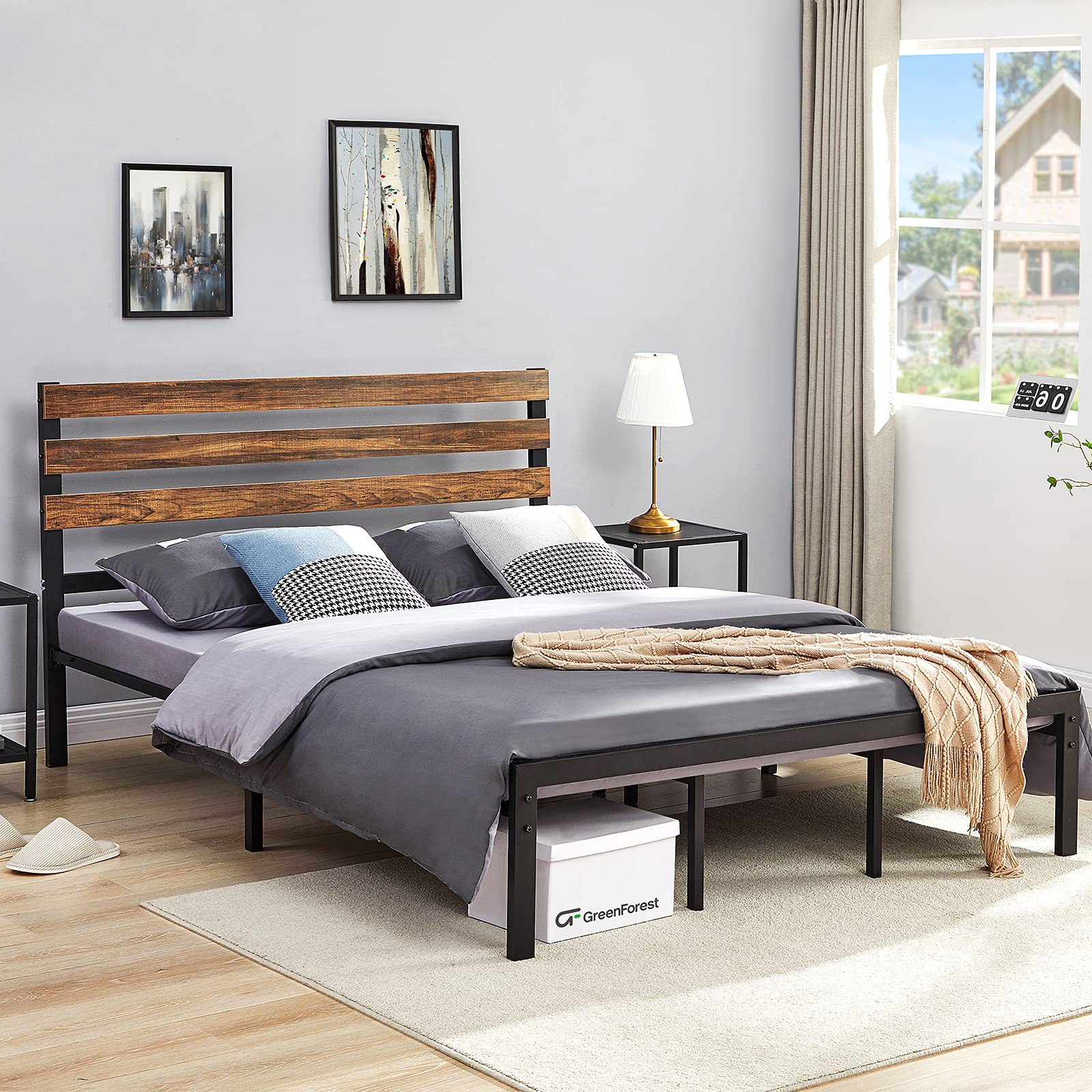 GreenForest Full Size Bed Frame with Wooden Headboard - Heavy Duty Platform Bed with Metal Support Slats, 10 Strong Legs & Mattress Foundation - Industrial Country Style Bedroom Furniture for Home Decor | Perfect for Master Bedroom, Guest Room & Dormitory