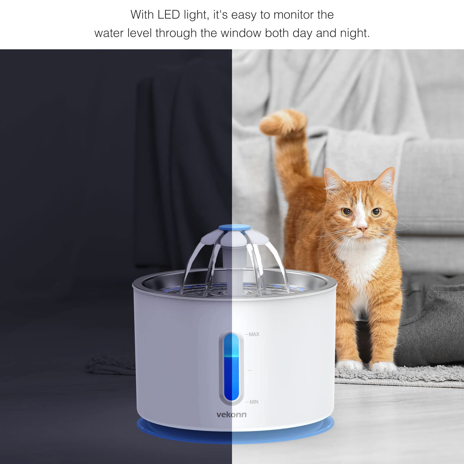 Stainless Steel Cat Water Fountain with LED Light & Water Level Window - Automatic Pet Drinking Fountain for Small Dogs & Cats (Blue) - Perfect for Home, Office, or Travel Use