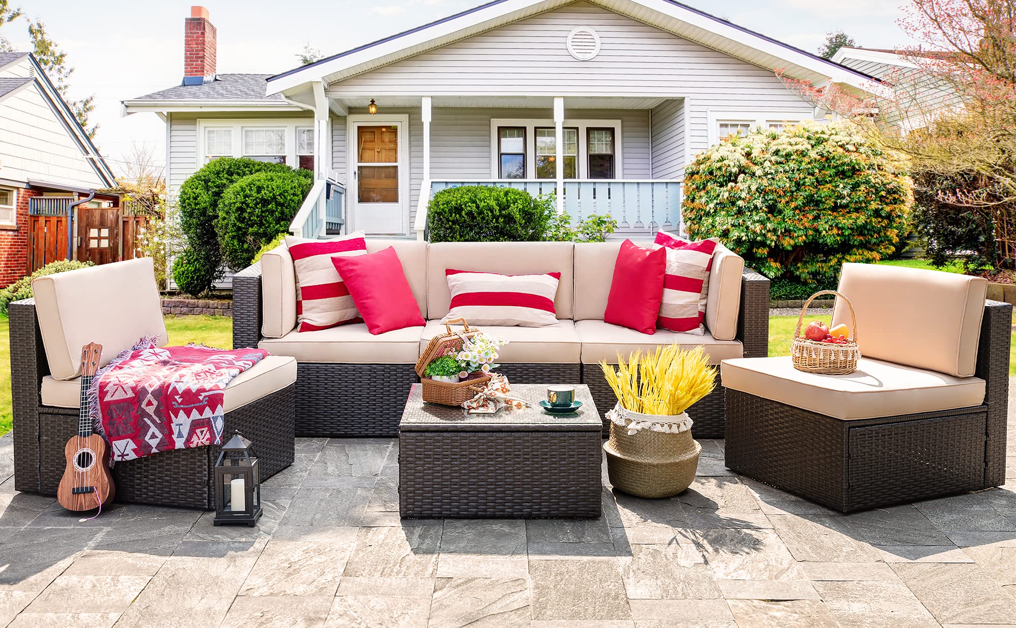 Vongrasig 6-Piece Outdoor Patio Furniture Set - PE Wicker Rattan Sectional Sofa with Coffee Table for Garden, Backyard, Poolside (Beige) | Perfect for Relaxing, Entertaining & Outdoor Gatherings