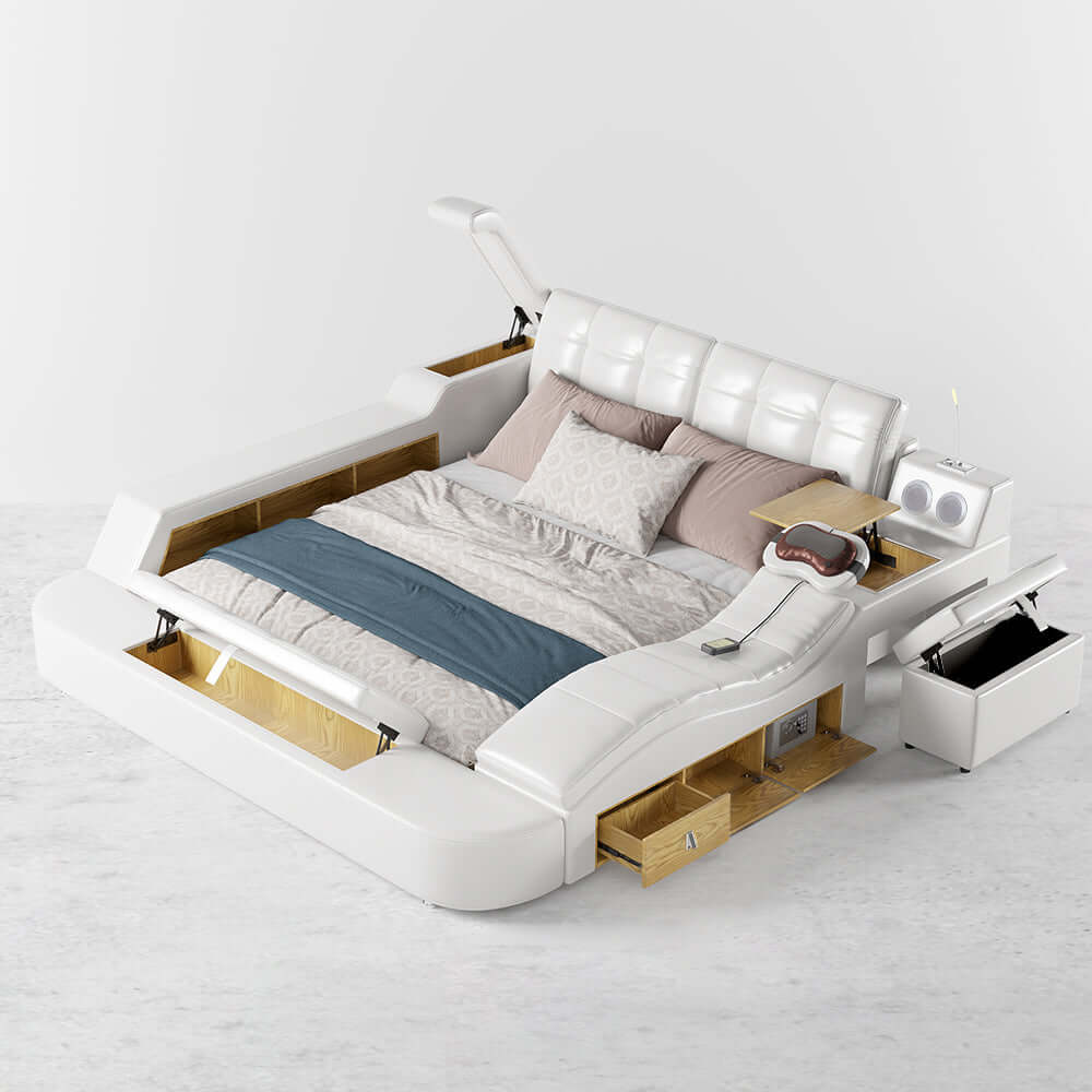 King Size White Smart Bed with Massage & Bluetooth Speaker - Faux Leather Upholstered Adjustable Bed for Ultimate Relaxation | Perfect for Bedroom, Home Theater & Luxury Living Spaces