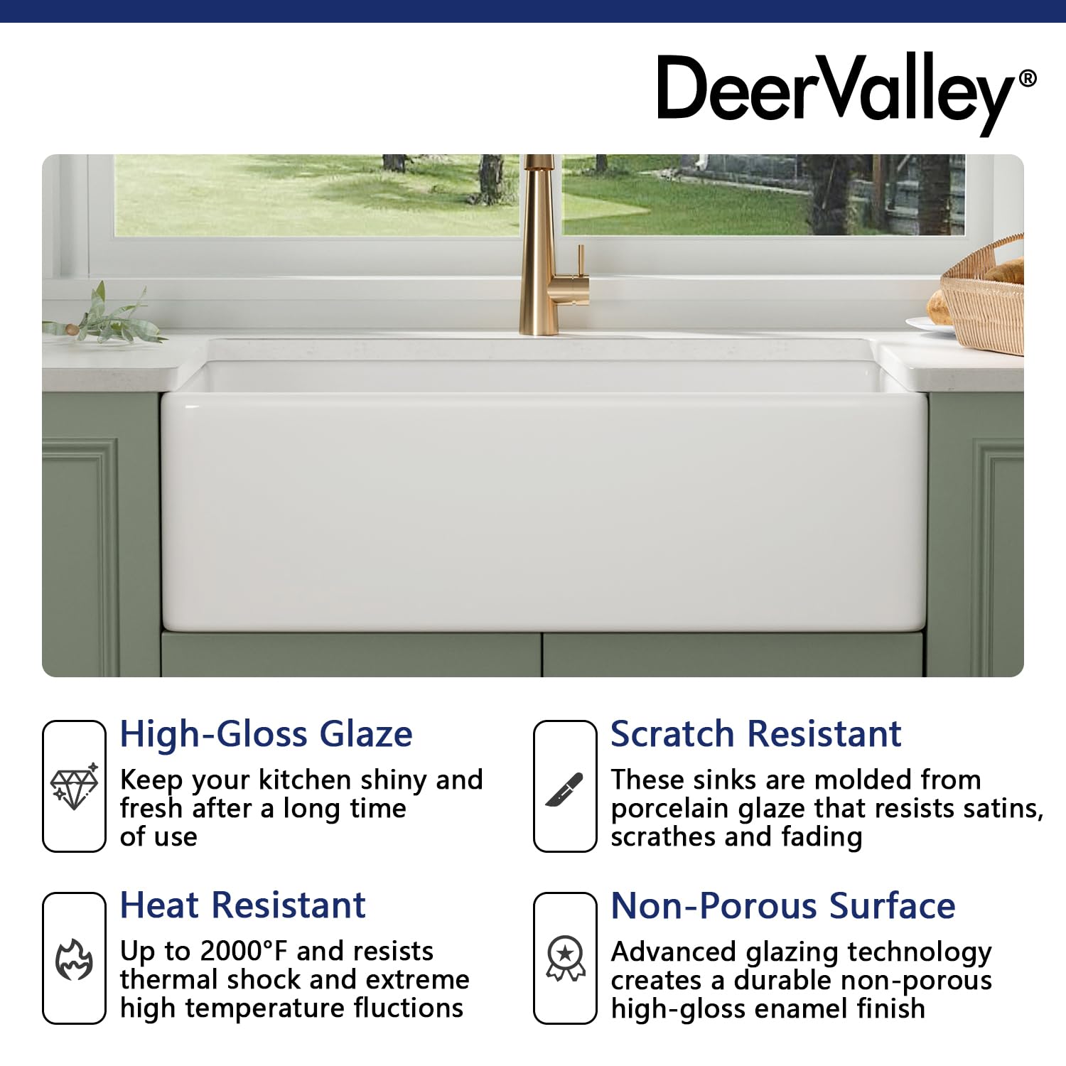 DeerValley 33 Inch White Farmhouse Kitchen Sink - Fireclay Apron Front Single Bowl Undermount Sink with Deep Basin, Bottom Grid & Strainer - Perfect for Rustic, Farmhouse & Modern Kitchens