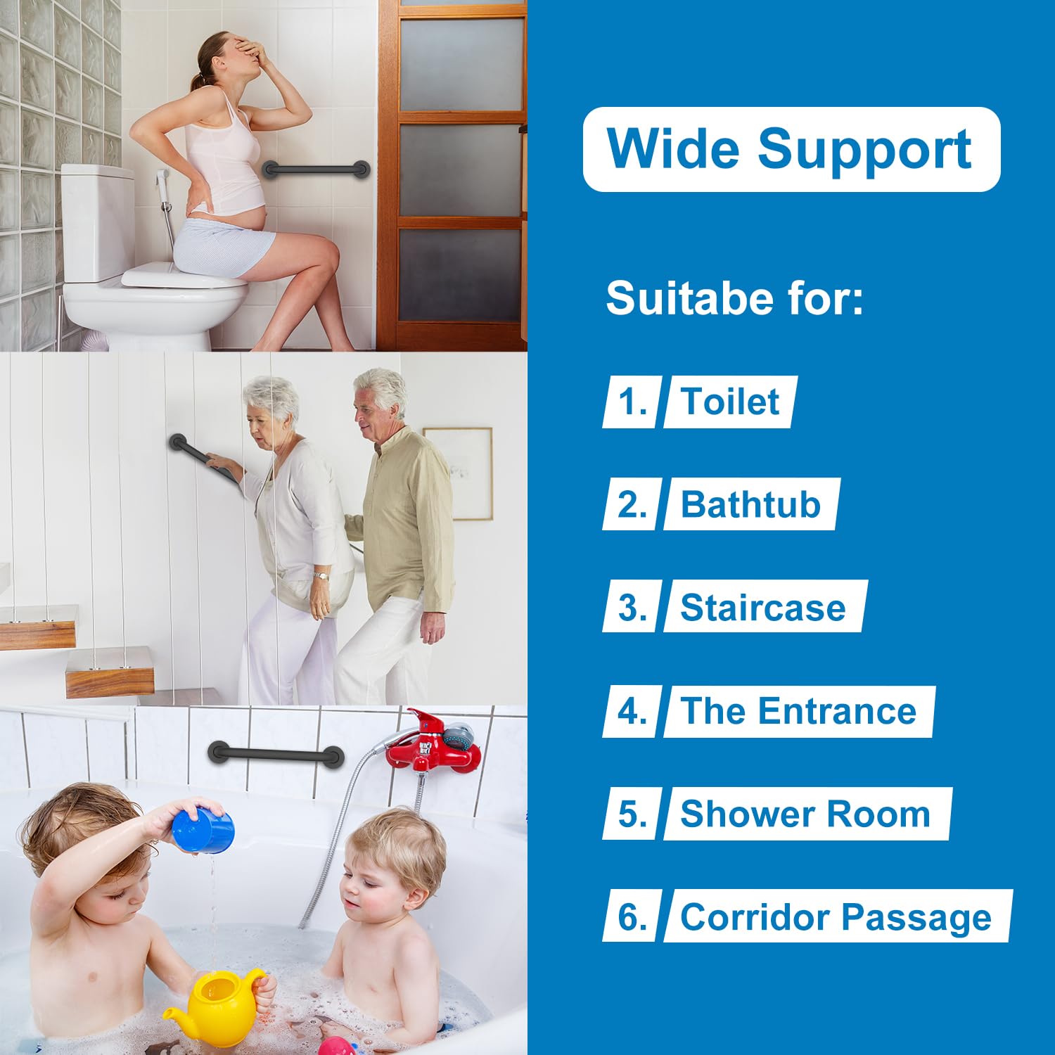 30cm 304 Stainless Steel Shower Grab Bar - Bathroom Safety Handle for Seniors & Disabled - Non-Slip Bath & Shower Support Bar for Kitchen, Bedroom, Bathtub & Stairs (Black) | Perfect for Elderly Fall Prevention & Accessible Home Safety