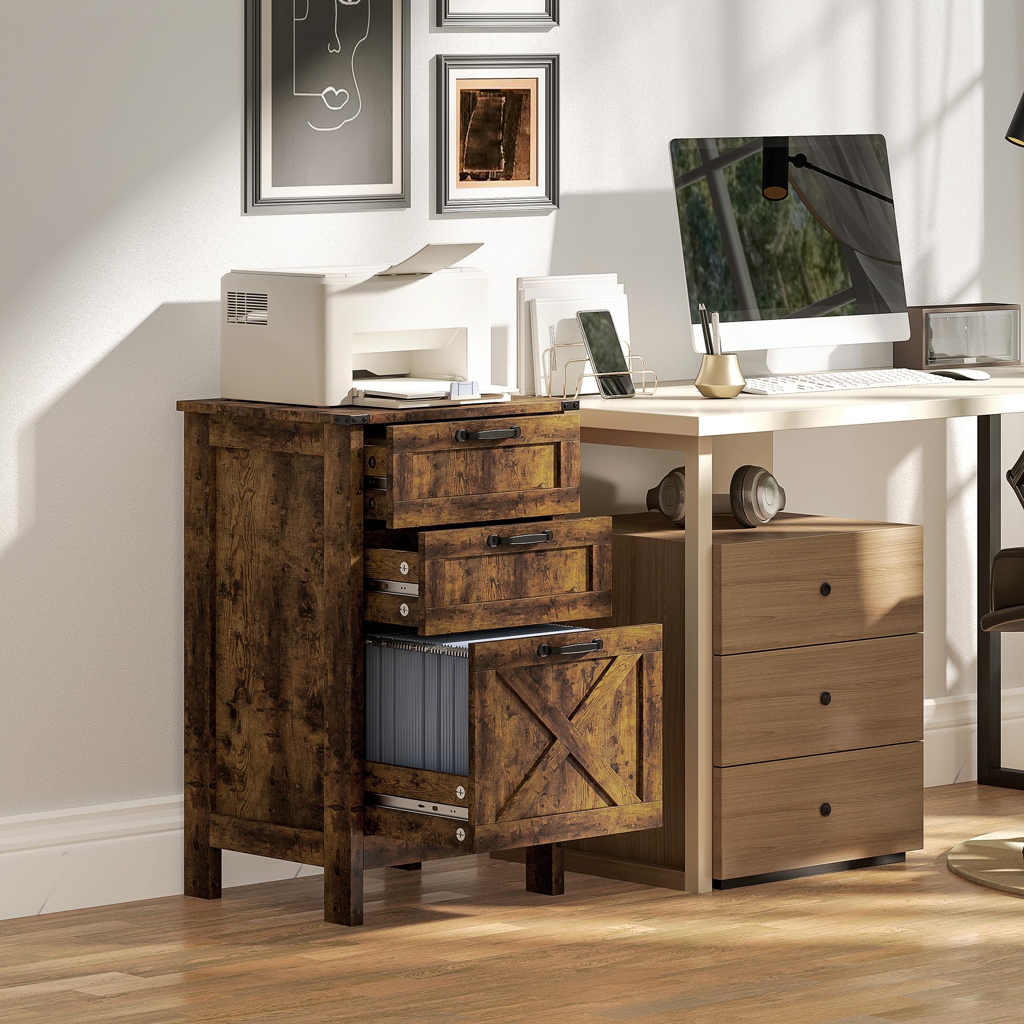 HOMCOM 3-Drawer Vertical File Cabinet with Silent Slides - Rustic Brown Farmhouse Office Storage for A4/Letter Documents, Printer Stand - Perfect for Home Office Organization & Workspace Storage Solutions