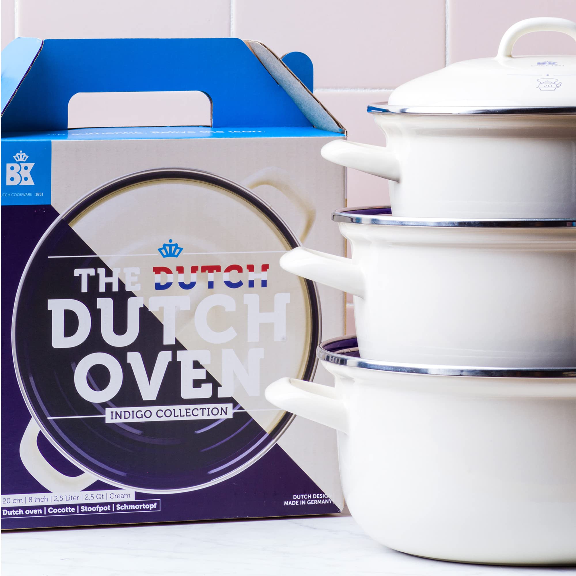 BK Indigo Dutch Heritage Round German Enameled Casserole Pot with Lid - PFAS-Free Ceramic Non-Stick Coating, 26cm/5.2L, Induction, Dishwasher & Oven Safe, Cream - Perfect for Soups, Stews & Baking