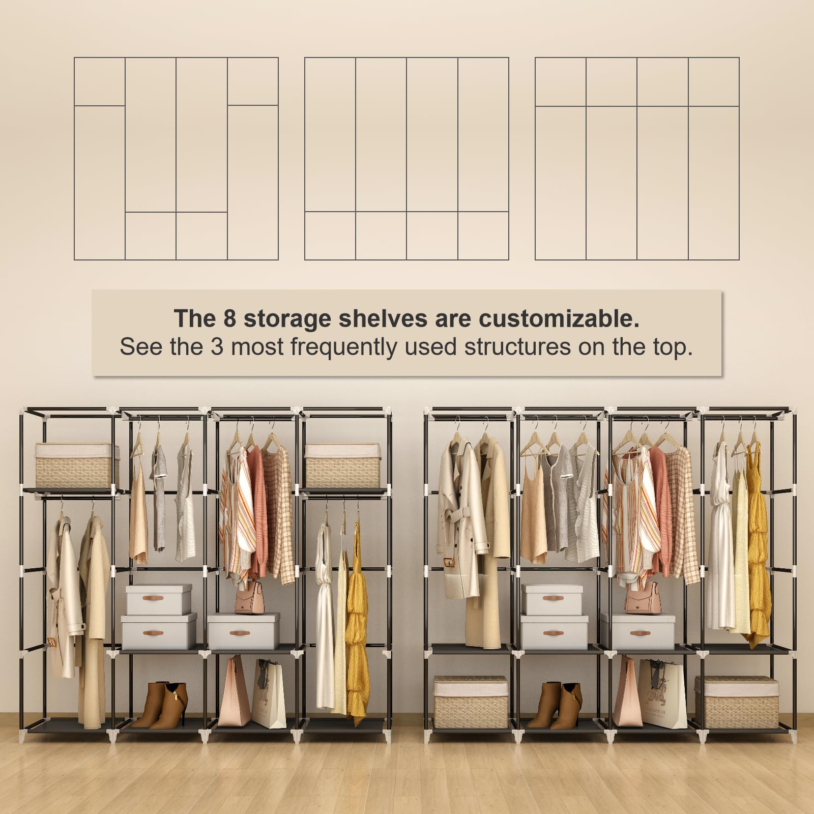 67-Inch Portable Closet Wardrobe with 4 Hanging Rods & 8 Shelves - Large Capacity Non-Woven Fabric Storage Organizer for Bedroom, Living Room & Closet - Perfect for Seasonal Clothes Storage & Small Space Organization (Black)