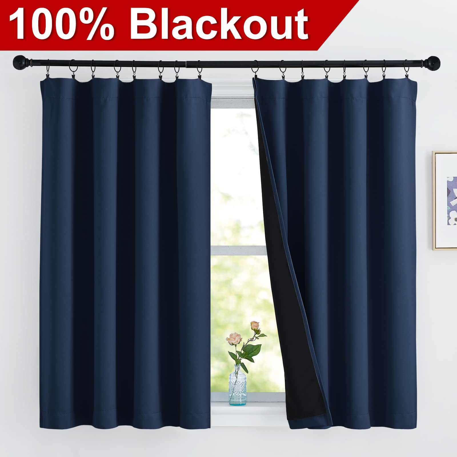 NICETOWN 100% Blackout Thermal Insulated Curtains - 2 Panels, Navy, 52x54 Inches - Energy Efficient Room Darkening Drapes with Black Liners for Dining Room, Bedroom & Home Theater