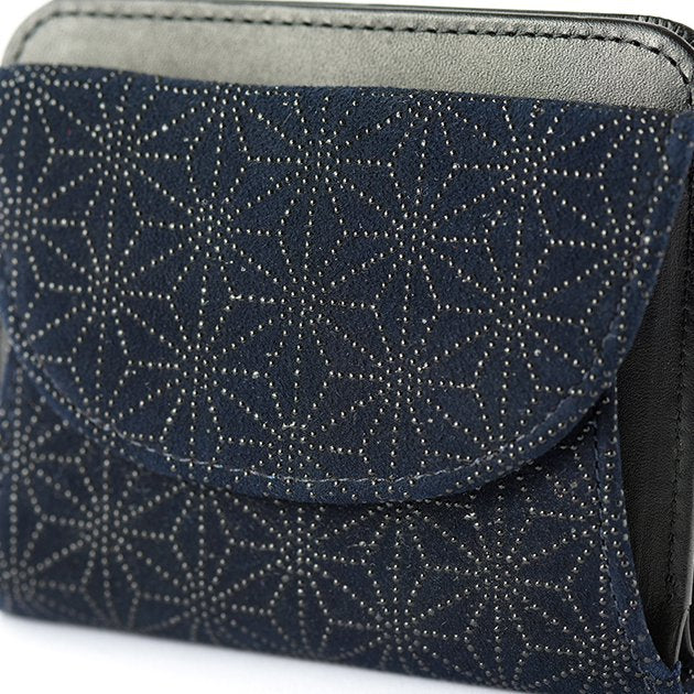 Premium Japanese Deerskin Leather Wallet with Urushi Lacquer - Asanoha Hemp Leaf Pattern in Iron Blue - Handmade in Japan - Stylish & Durable Fold Wallet for Men - Perfect Gift for Business, Travel & Everyday Use