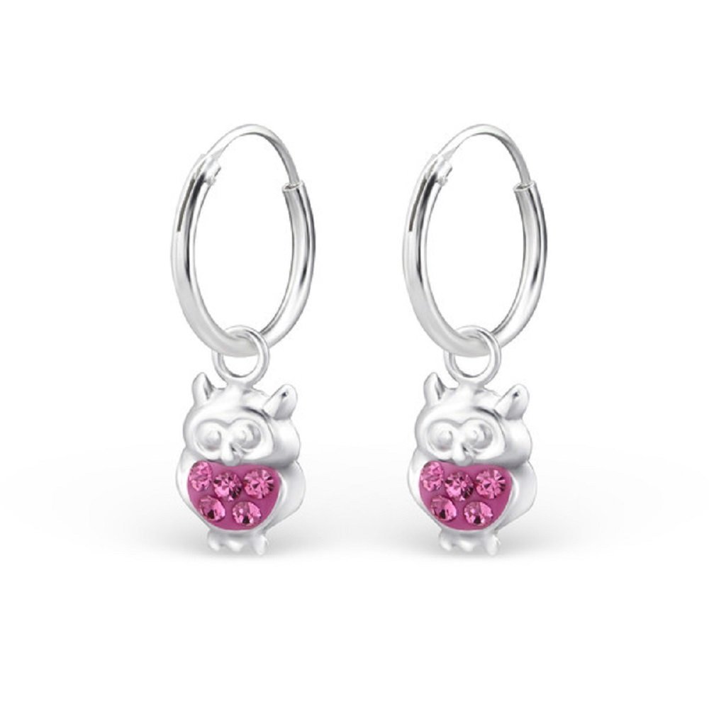 925 Sterling Silver Pink Crystal Owl Stud Earrings with 1/2