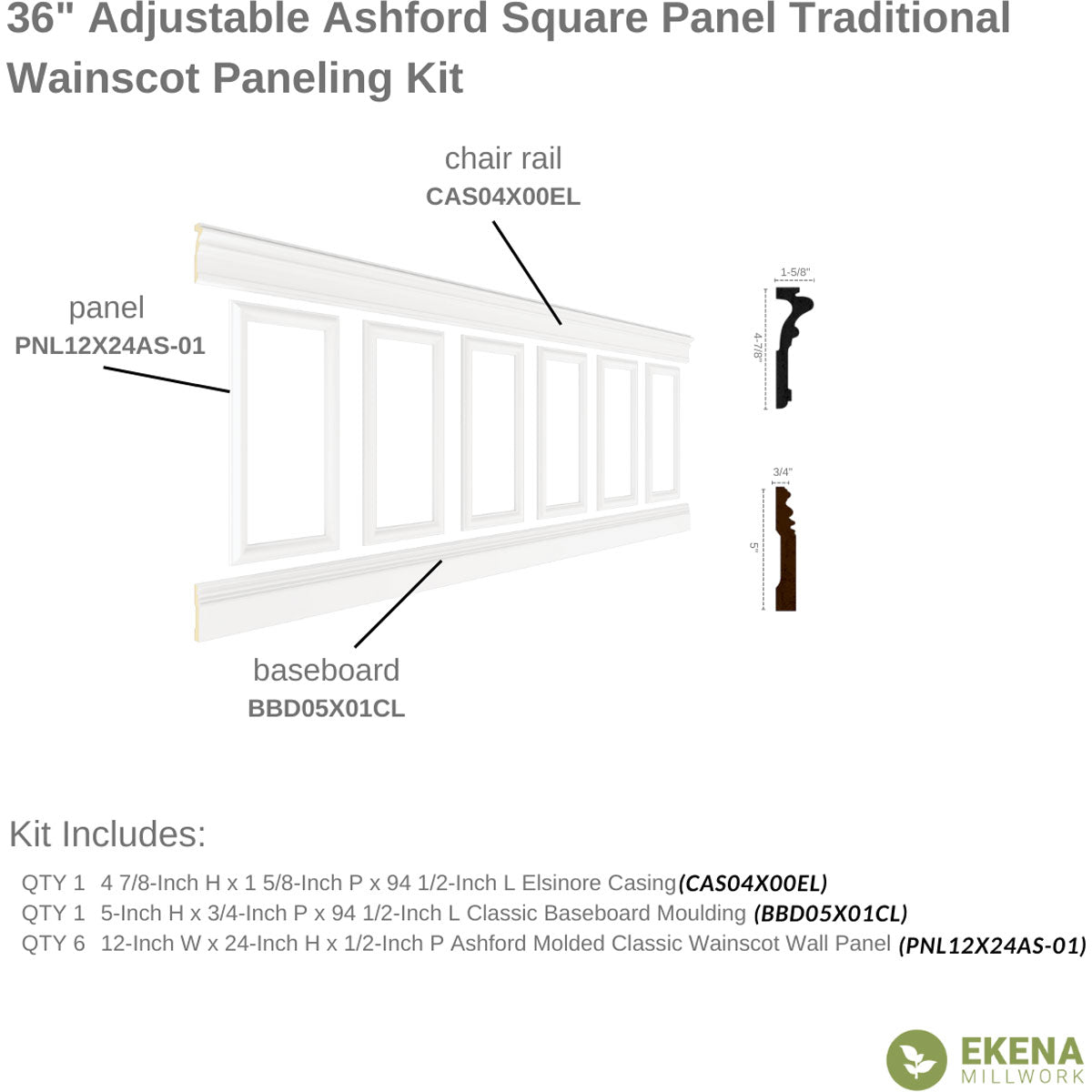 Ashford Traditional Wainscot Paneling Kit - 94.5 Inch Long Premium Wood Wall Paneling for Home & Office Decor | Easy DIY Installation for Living Room, Dining Room & Bedroom