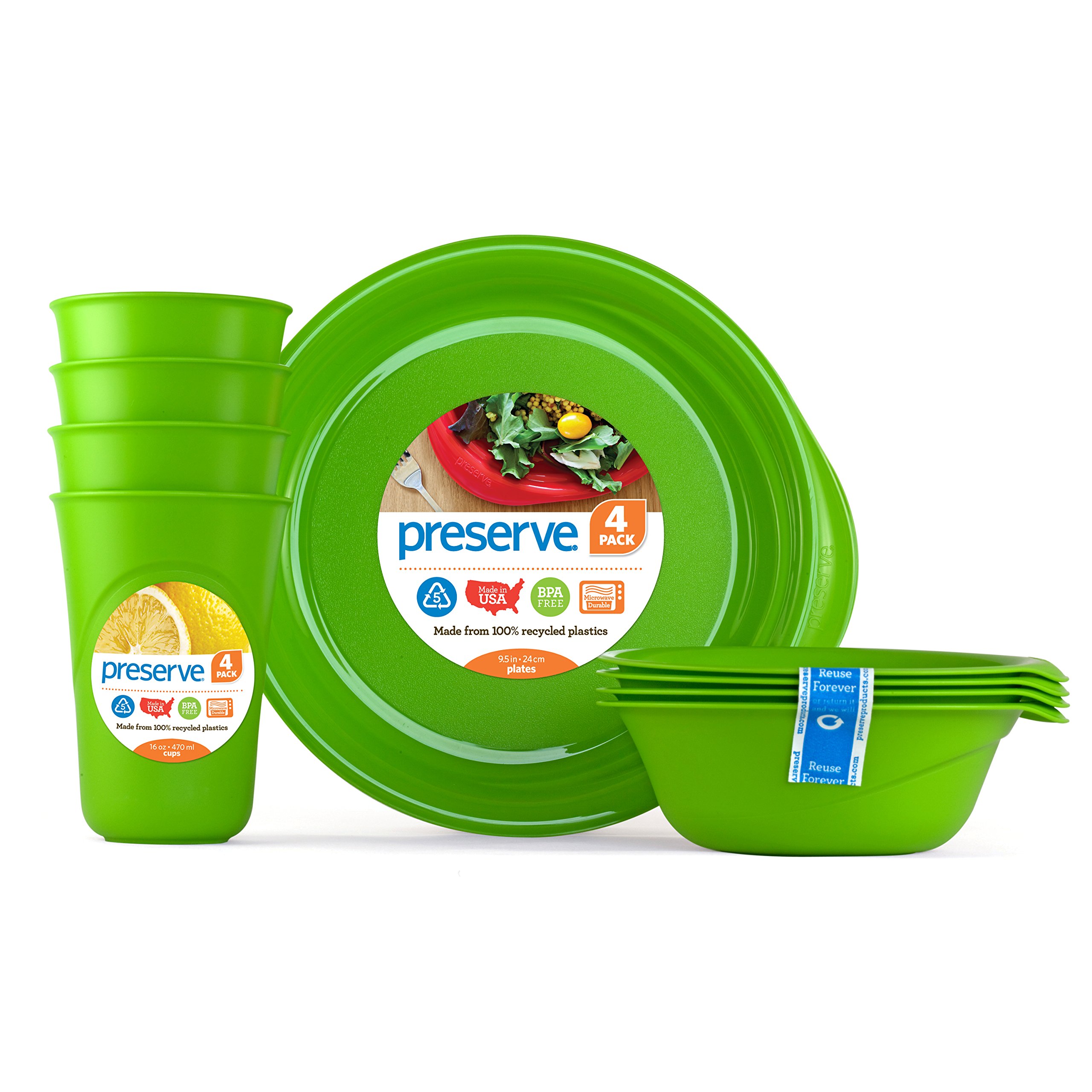 Eco-Friendly BPA-Free Reusable Tableware Set - 4 Plates, 4 Bowls & 4 Cups, Sustainable Recycled Plastic Dinnerware in Apple Green - Perfect for Everyday Meals, Picnics & Outdoor Dining