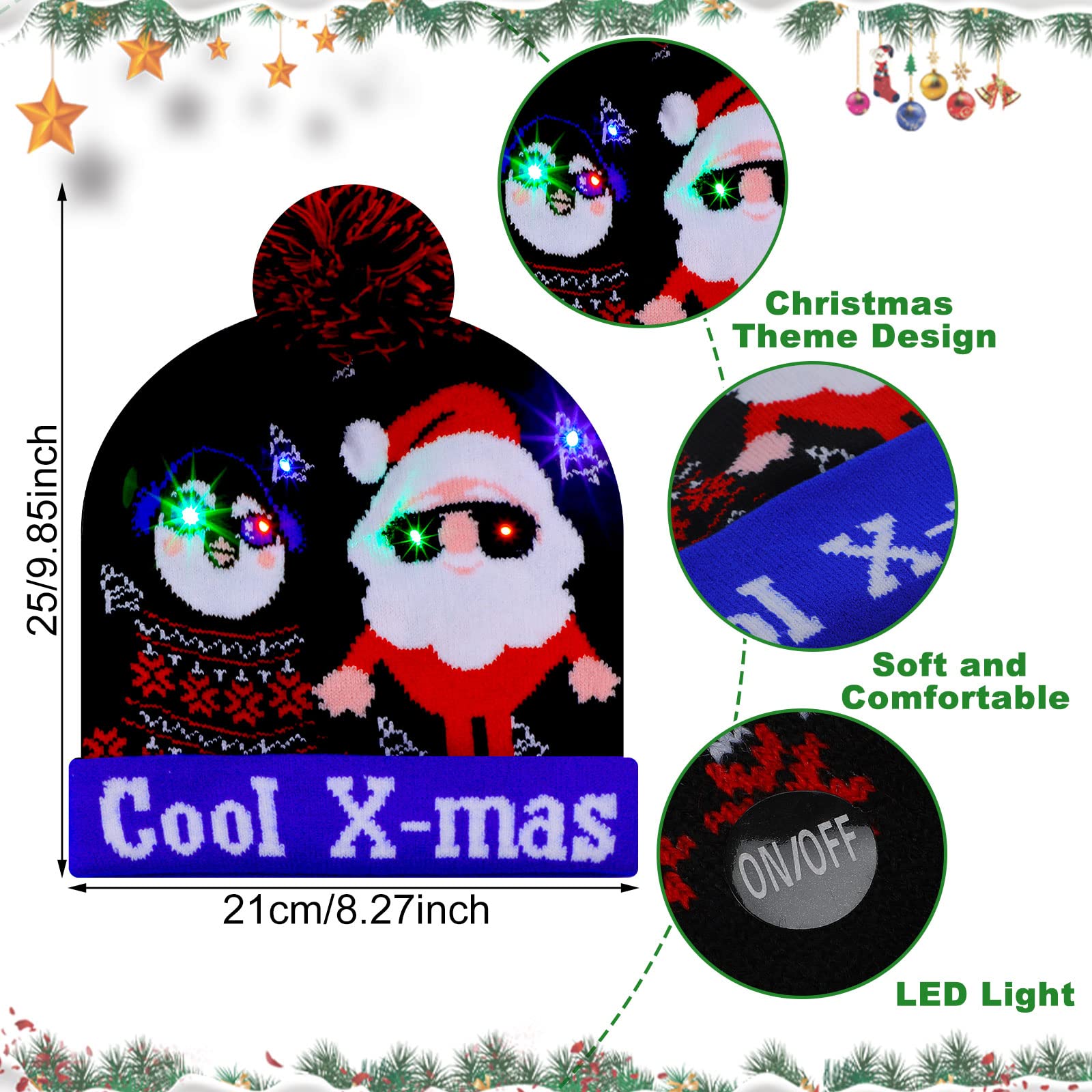 JaGely 24-Piece Christmas Light Up Hat Set - LED Knitted Beanie with Fun Crew Socks for Adults | Battery-Powered Holiday Accessories | Perfect for Christmas Parties, Gift Exchanges & Festive Celebrations
