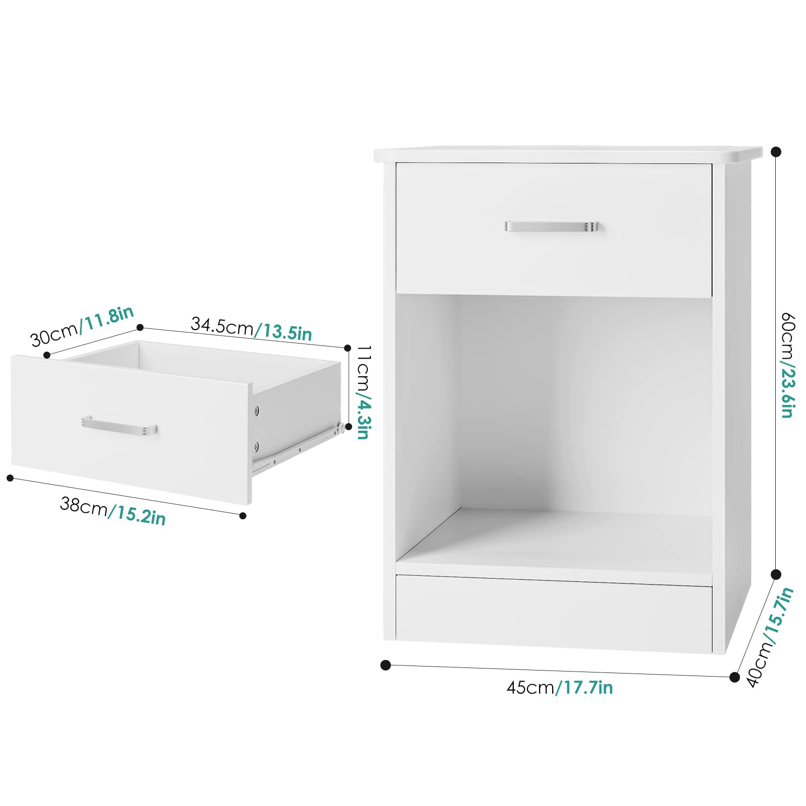 Modern 2-Tier Nightstand with Drawer & Storage Shelf - White Bedside Table for Bedroom, Home Office, Living Room | Space-Saving End Table with Functional Storage for Small Spaces