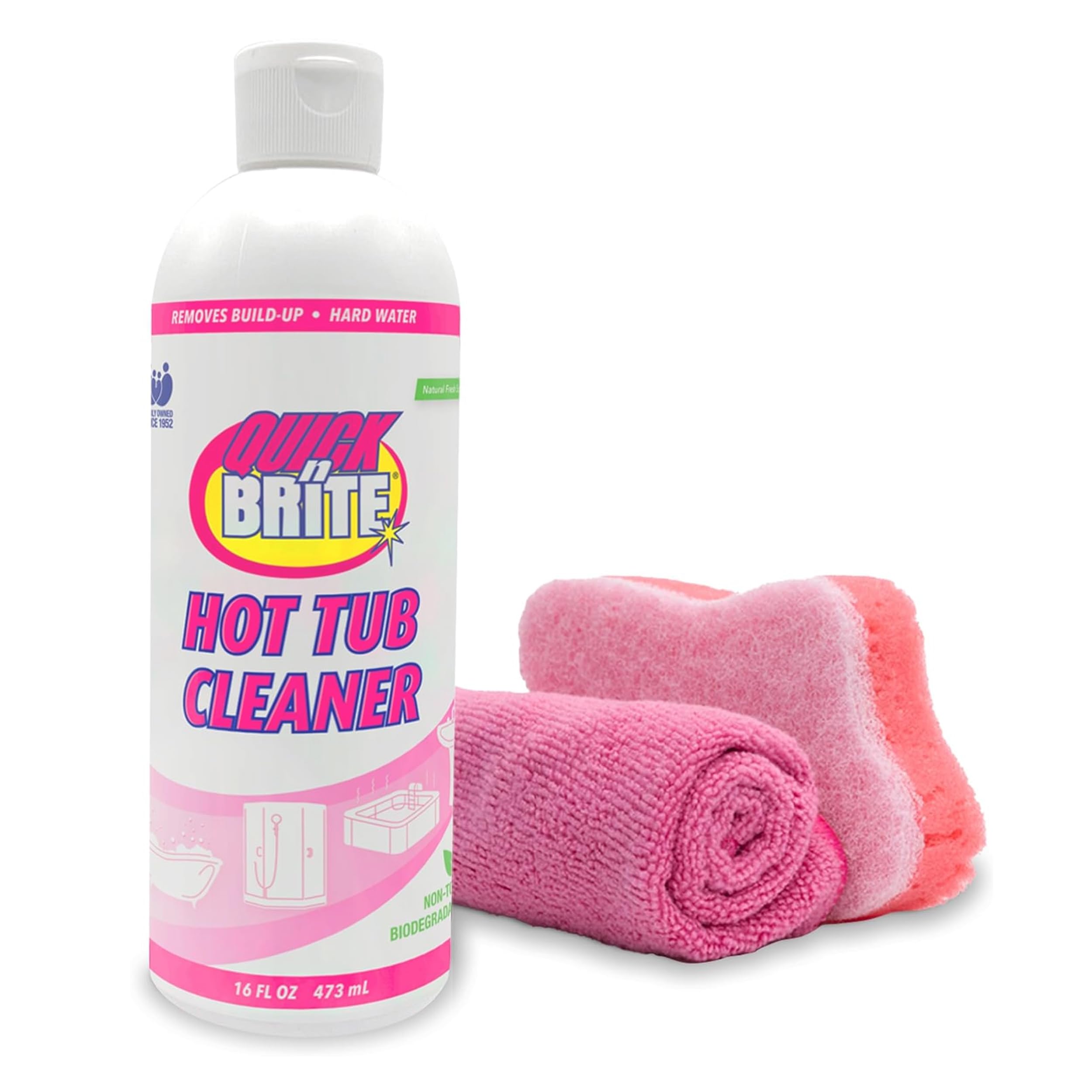 Quick N Brite Heavy Duty Hot Tub Cleaner Kit - Non-Abrasive Cleaning Gel with Sponge & Microfiber Cloth, 16oz | Removes Stains, Scum & Buildup | Safe for All Hot Tub Surfaces | Perfect for Jacuzzis, Spas & Whirlpools (Packaging May Vary)
