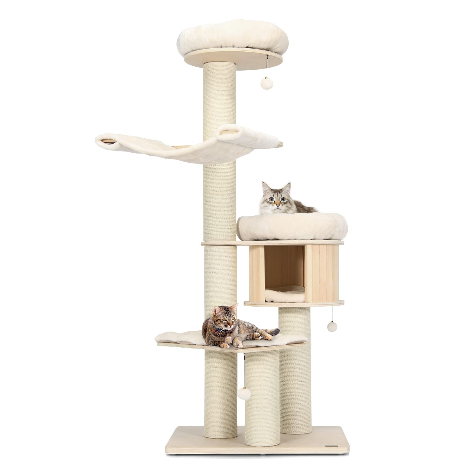 Tangkula Modern Multi-Level Cat Tree for Large Cats - Tall Wooden Cat Tower with Condo, Hammocks, Hanging Basket & Sisal Scratching Posts - Washable Cushions for Indoor Cats - Perfect for Play, Rest & Climbing in Home or Office