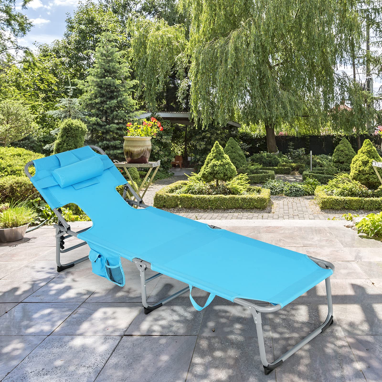 GYMAX Folding Tanning Chair with Adjustable Backrest - Portable Beach Lounger with Face Hole, Arm Holes, Side Pocket & Carry Handle - Outdoor Sunbathing Chair for Patio, Pool, Beach & Backyard Relaxation (Turquoise)